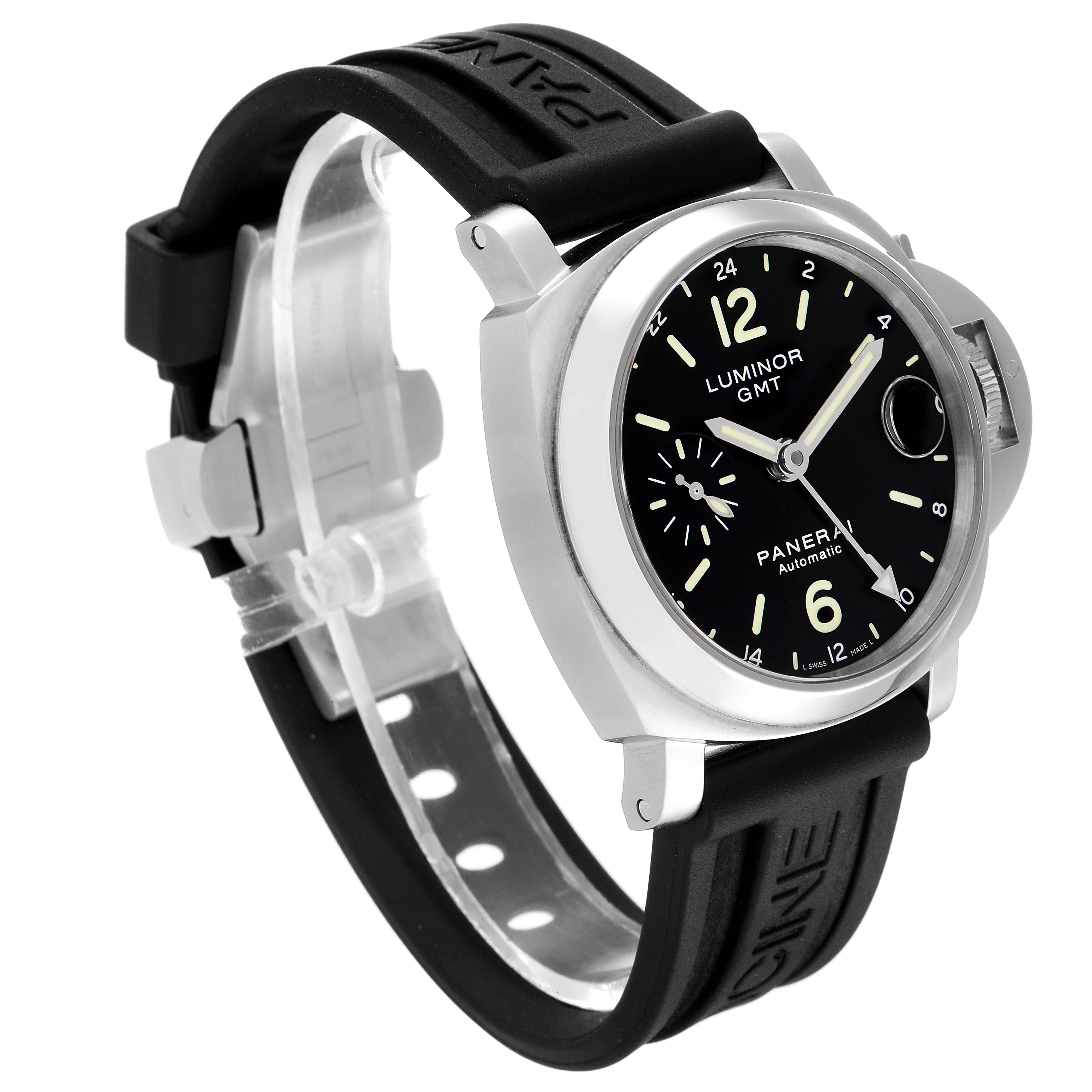 The image shows a side angle of a Panerai Luminor PAM00244 Men
s Stainless Steel Black Dial PAM00244 Men
s Stainless Steel Black Dial GMT watch, displaying its black dial, crown guard, and black rubber strap.