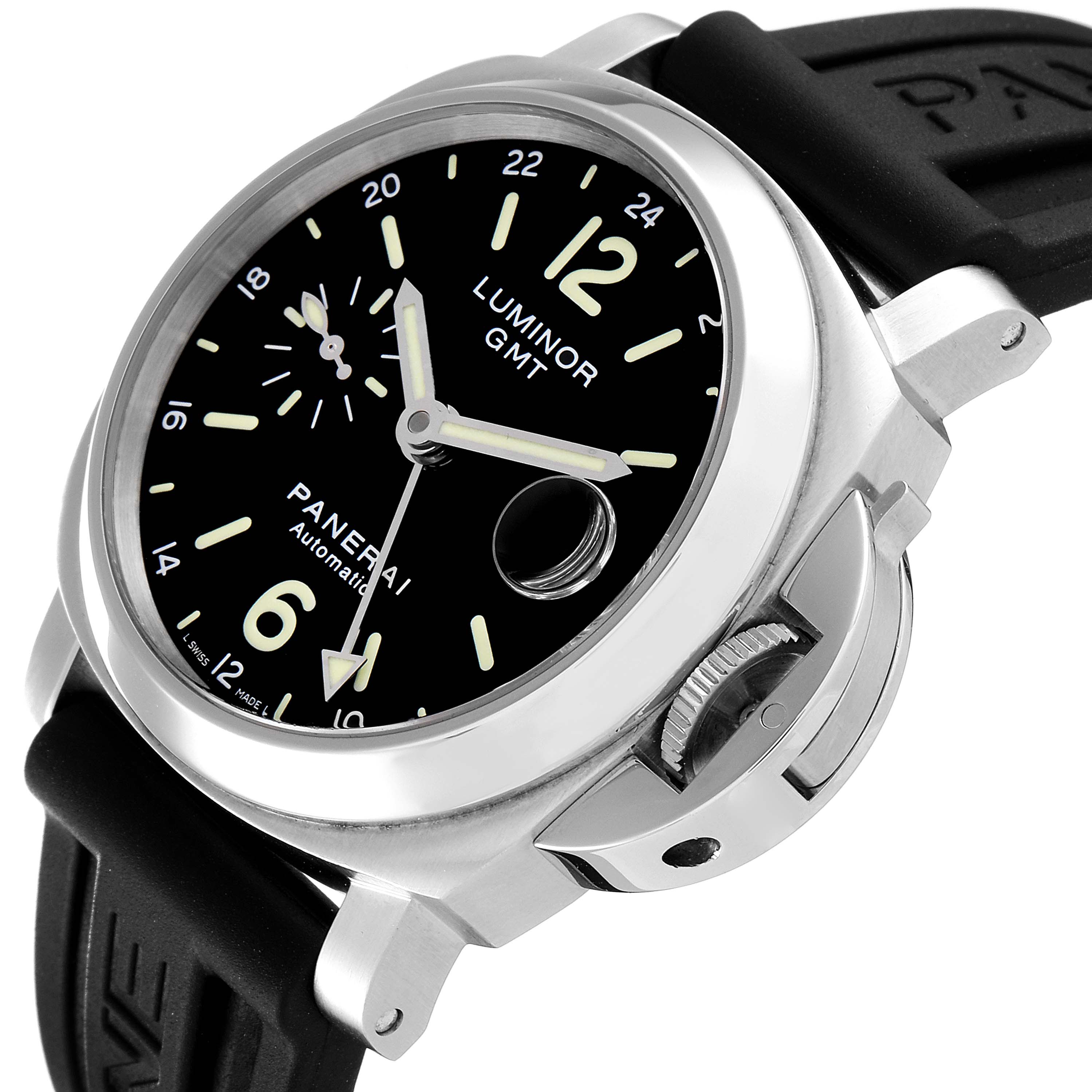 The Panerai Luminor PAM00244 Men
s Stainless Steel Black Dial PAM00244 Men
s Stainless Steel Black Dial GMT watch is shown at a slight angle, displaying the face, crown guard, and part of the strap.