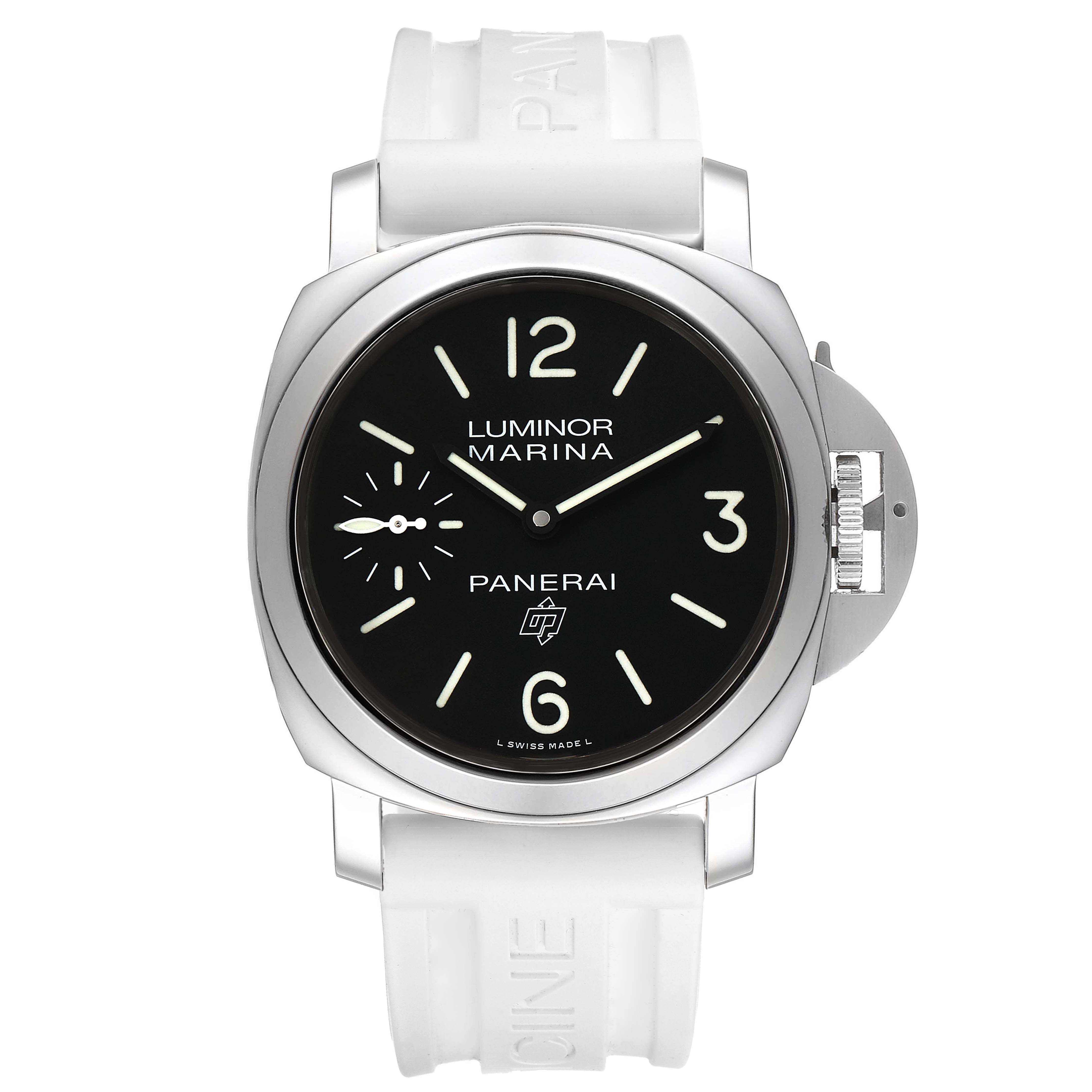 The image shows a front view of a Panerai Luminor PAM00776 Men
s Stainless Steel Black Dial PAM00776 Men
s Stainless Steel Black Dial Marina watch with a black dial and white strap.