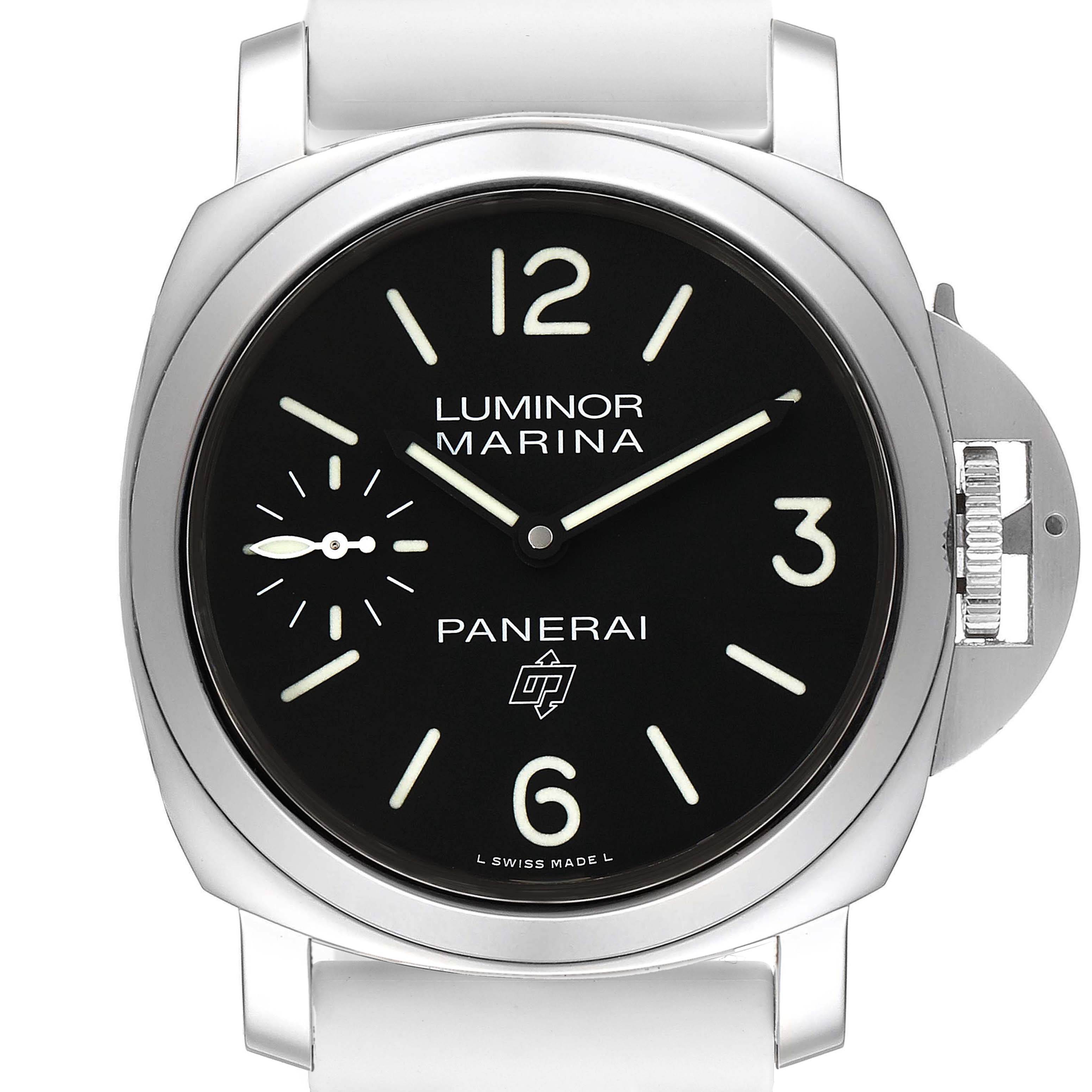 The image shows a front view of the Panerai Luminor PAM00776 Men
s Stainless Steel Black Dial PAM00776 Men
s Stainless Steel Black Dial watch, highlighting its black dial and distinctive crown guard.