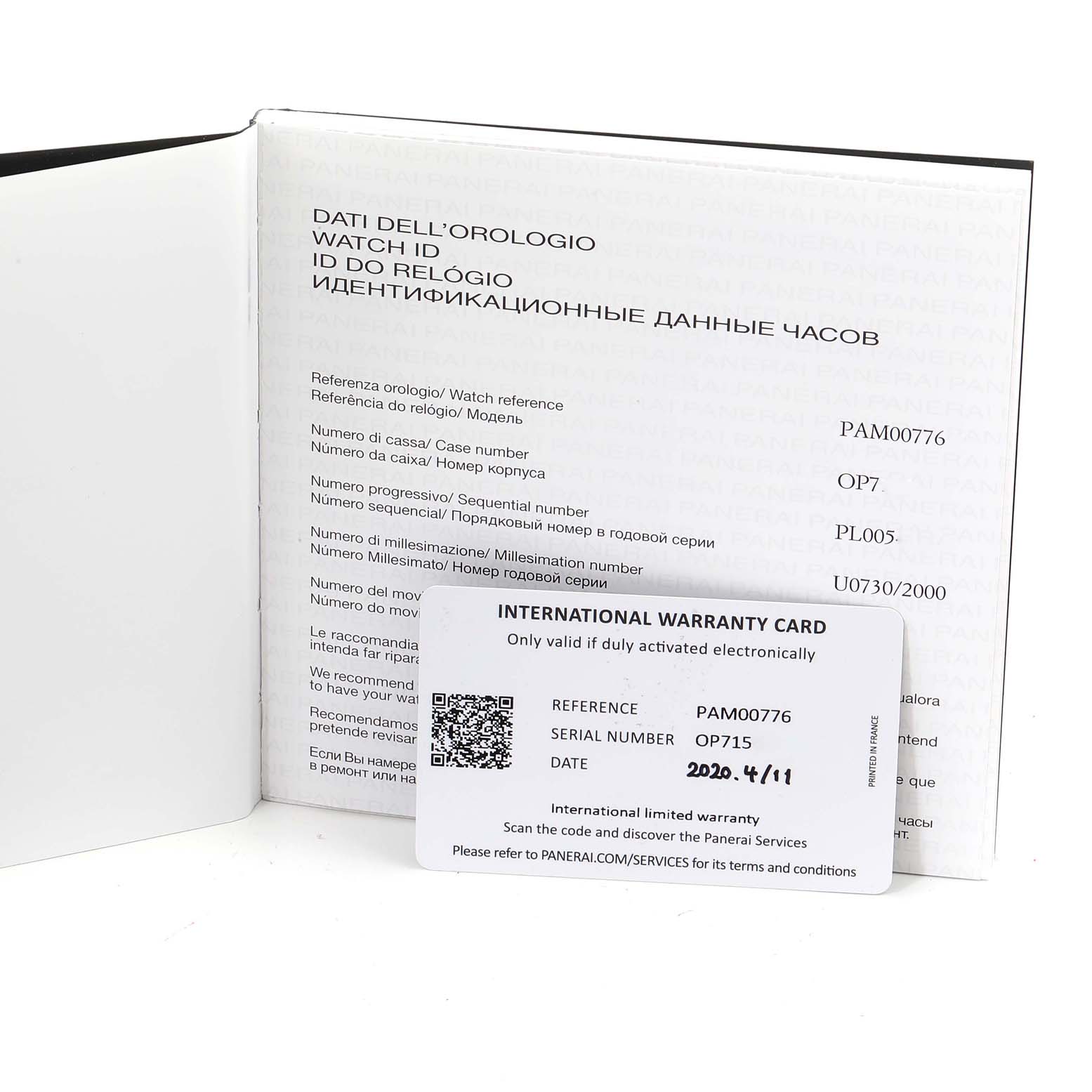 The image shows the identification page and warranty card for a Luminor model by Panerai, with details like reference and serial numbers.