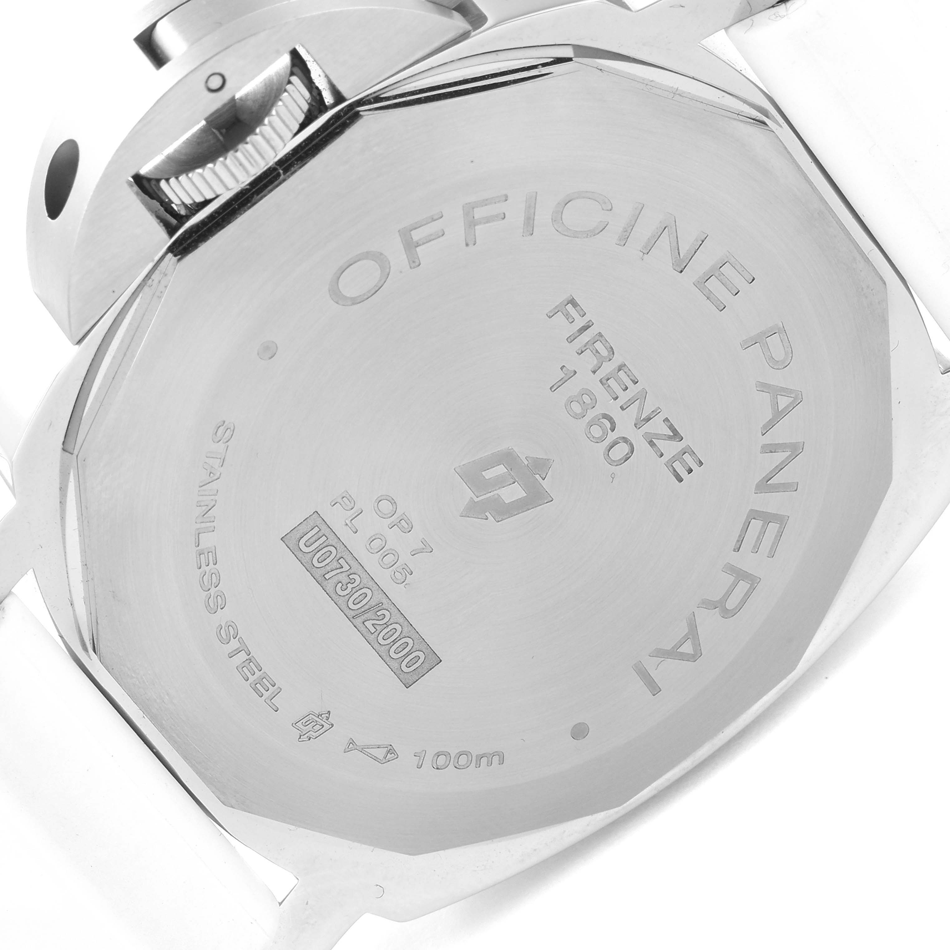 The image shows the back case and crown guard of a Panerai Luminor PAM00776 Men
s Stainless Steel Black Dial PAM00776 Men
s Stainless Steel Black Dial watch.