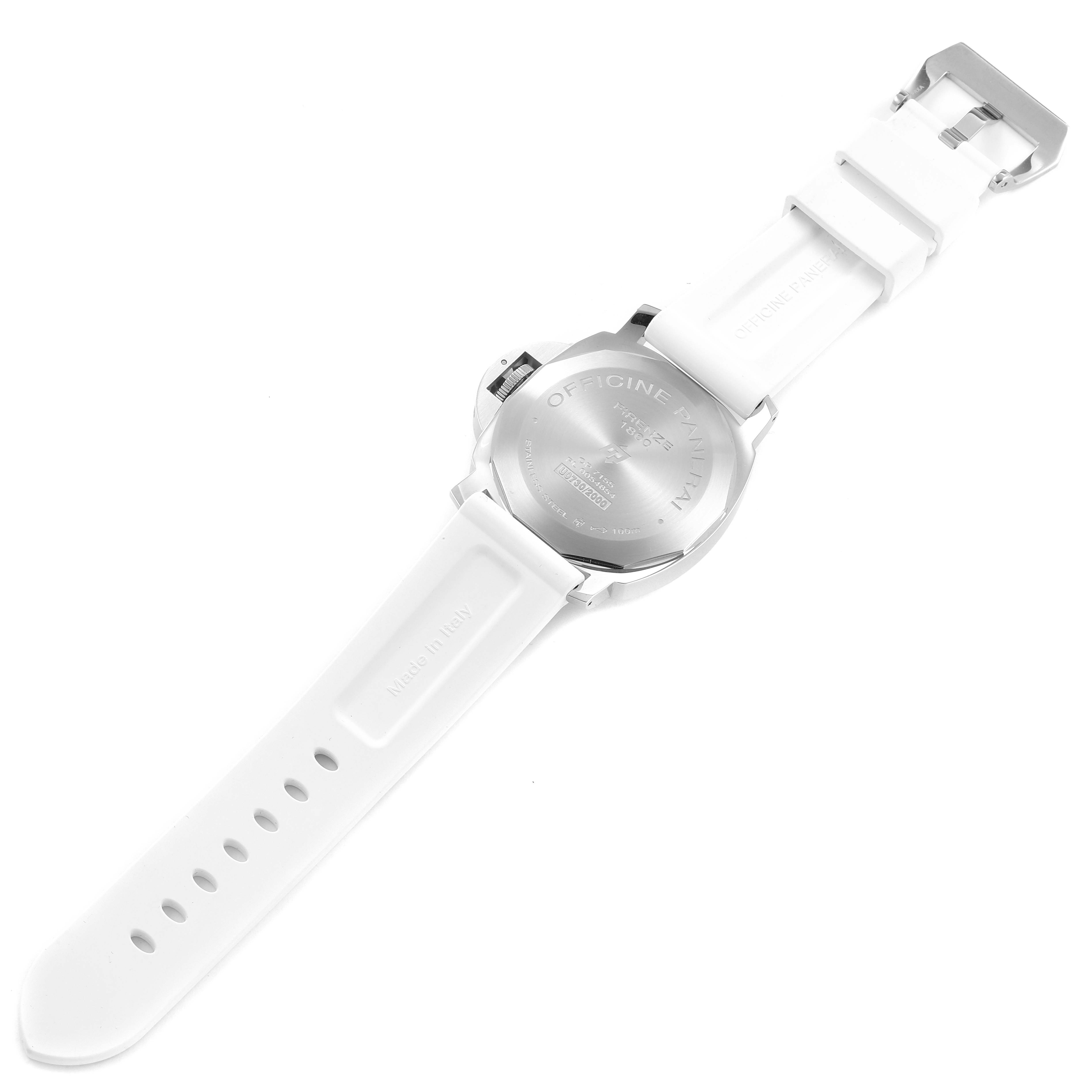 This image shows the back view of the Panerai Luminor PAM00776 Men
s Stainless Steel Black Dial PAM00776 Men
s Stainless Steel Black Dial watch and its white strap.