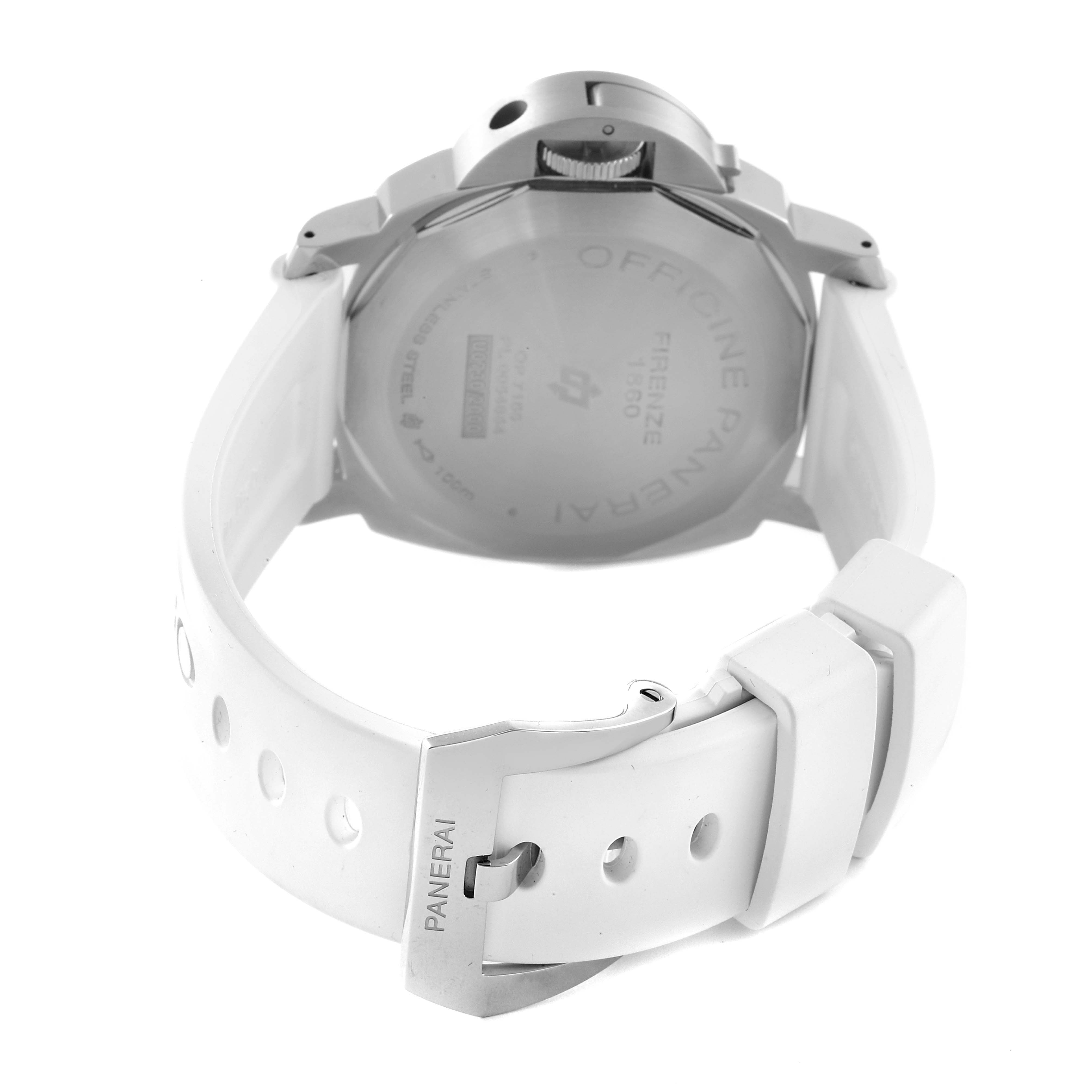 The image shows the back view of a Panerai Luminor PAM00776 Men
s Stainless Steel Black Dial PAM00776 Men
s Stainless Steel Black Dial watch, focusing on its case back and white rubber strap with a metal clasp.