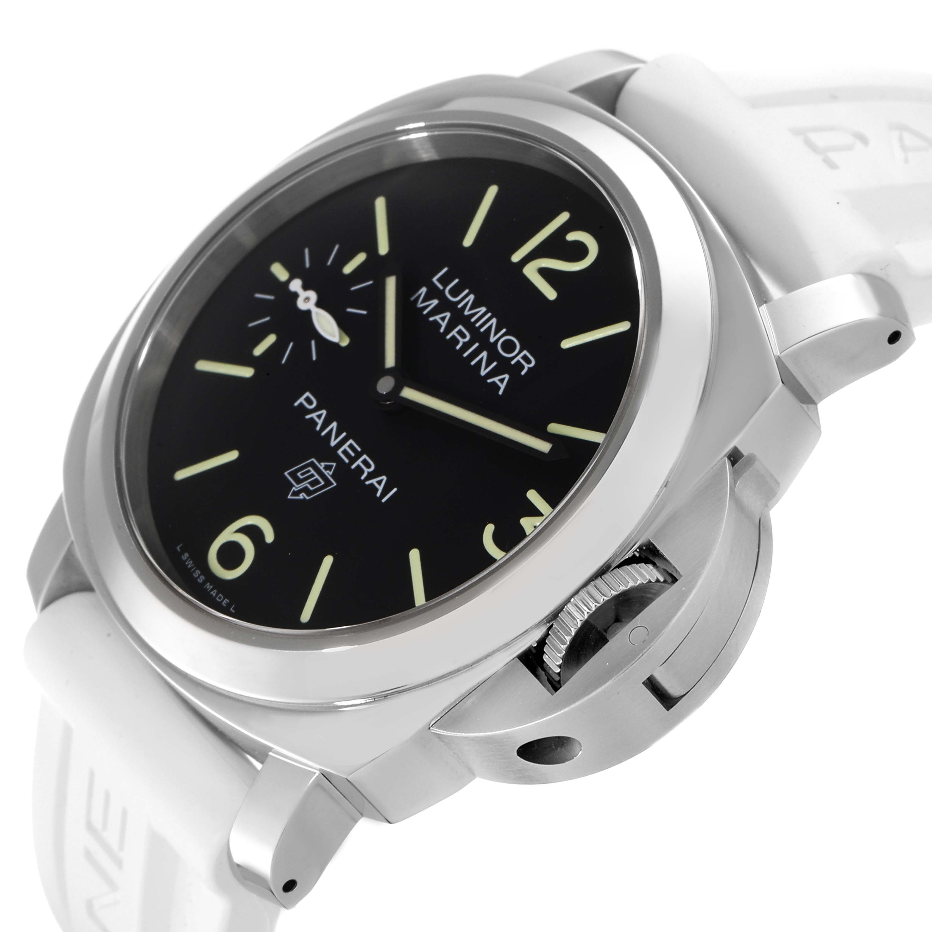 The image shows a Panerai Luminor PAM00776 Men
s Stainless Steel Black Dial PAM00776 Men
s Stainless Steel Black Dial watch at an angle highlighting its dial, crown guard, and white strap.