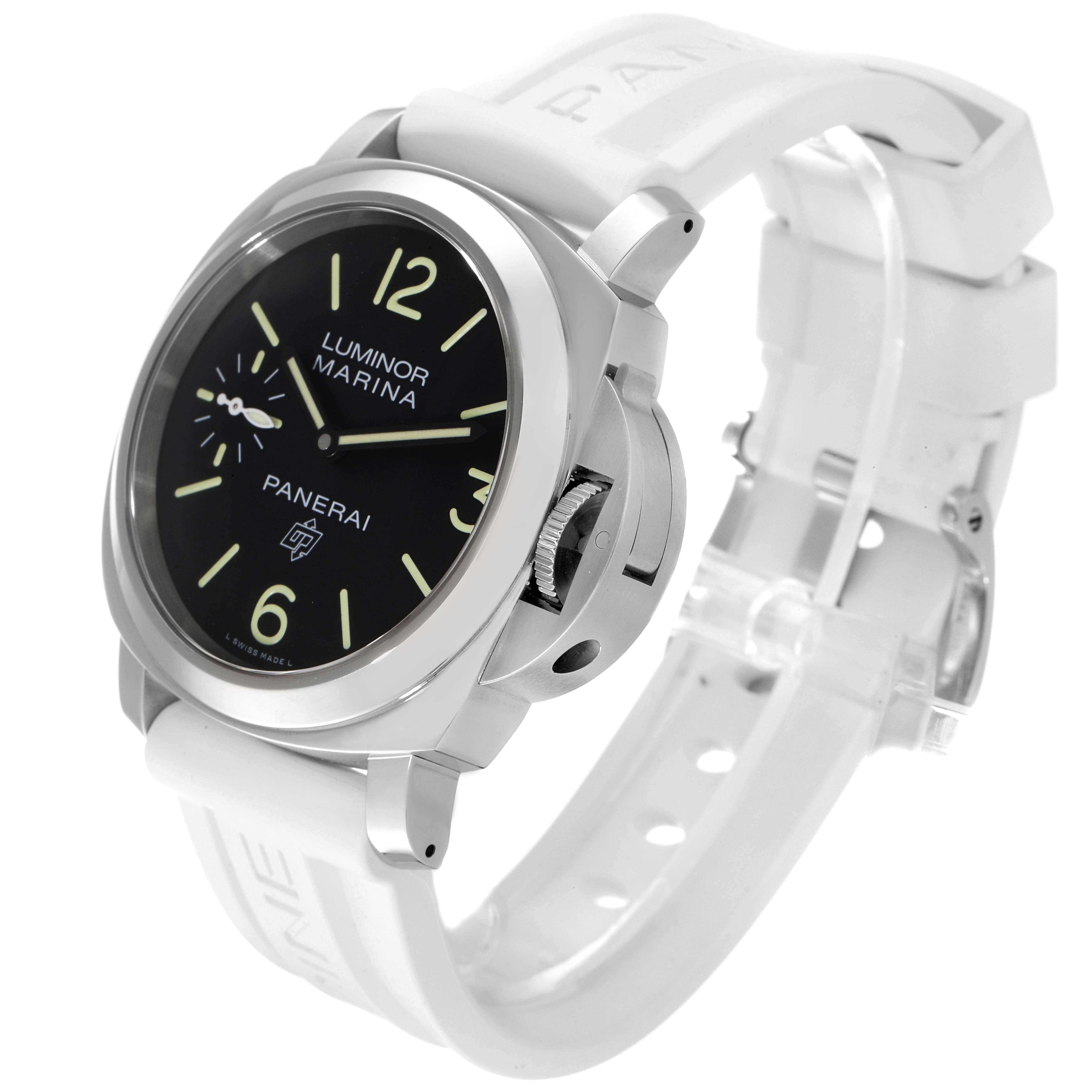 The image shows a Panerai Luminor PAM00776 Men
s Stainless Steel Black Dial PAM00776 Men
s Stainless Steel Black Dial Marina watch from a front side angle, highlighting its black dial, crown guard, and white rubber strap.