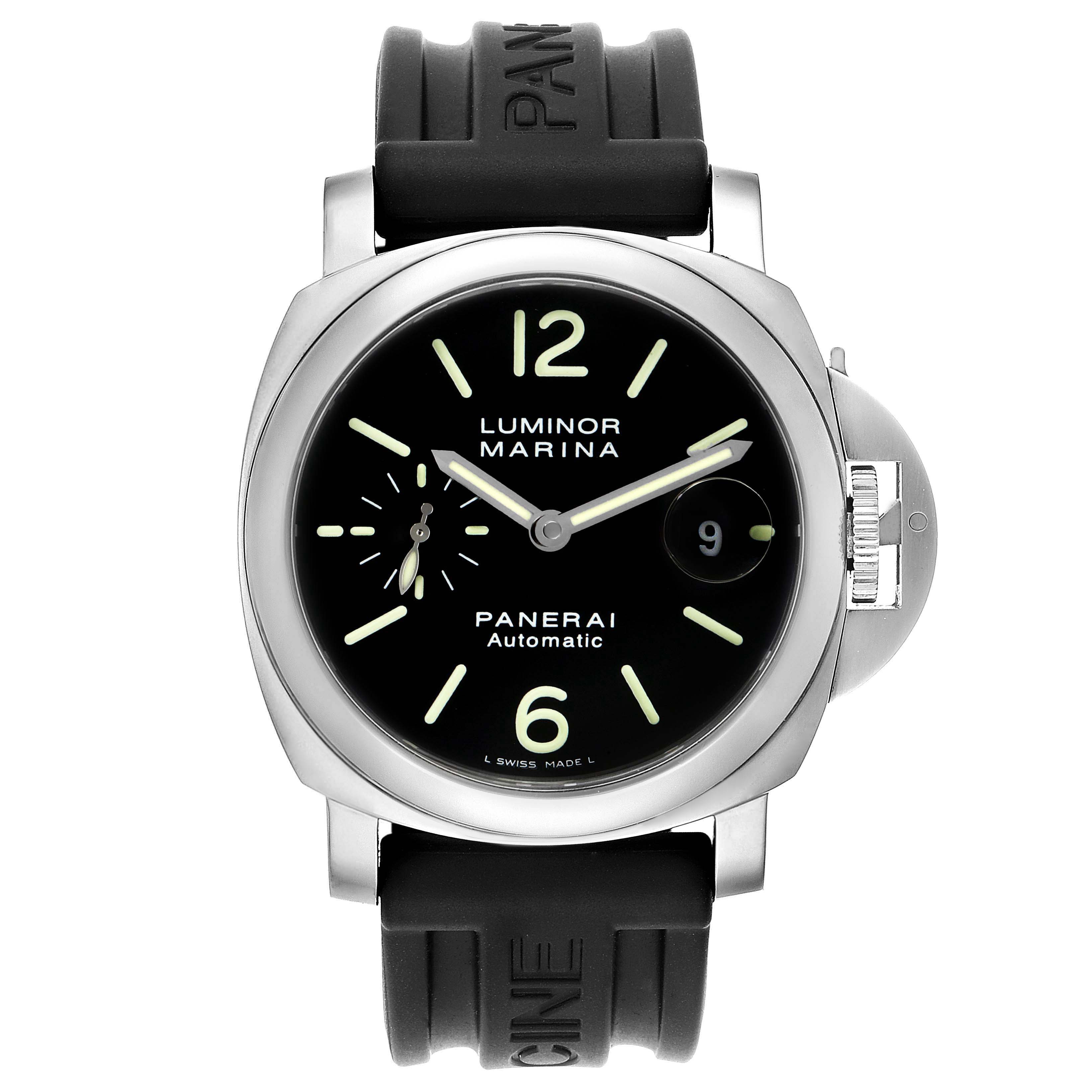 This is a front view of the Panerai Luminor PAM00104 Men
s Stainless Steel Black Dial PAM00104 Men
s Stainless Steel Black Dial model watch, showing its dial, crown guard, and strap.