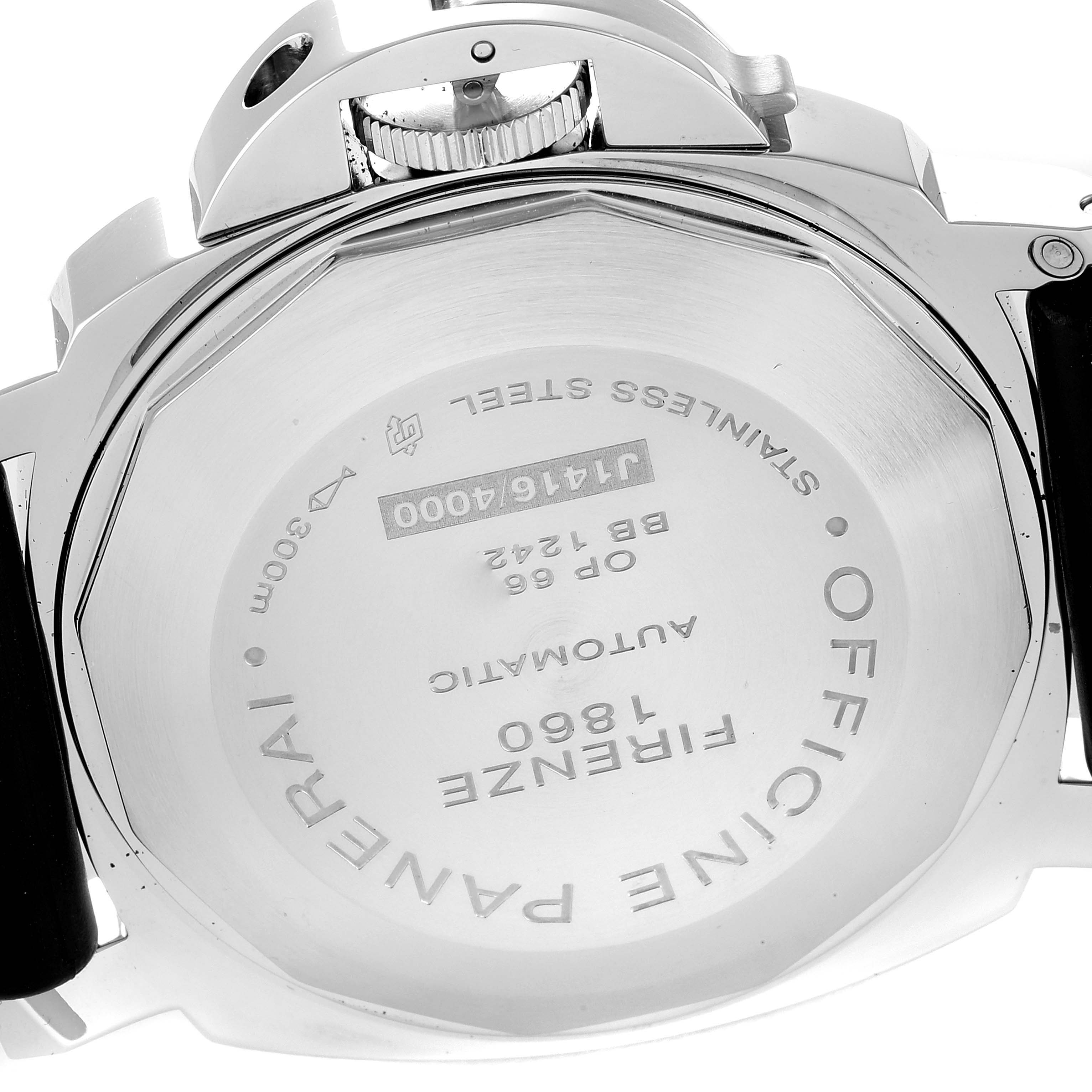 The image shows the back view of a Panerai Luminor PAM00104 Men
s Stainless Steel Black Dial PAM00104 Men
s Stainless Steel Black Dial watch, displaying its stainless steel case and engraved details.