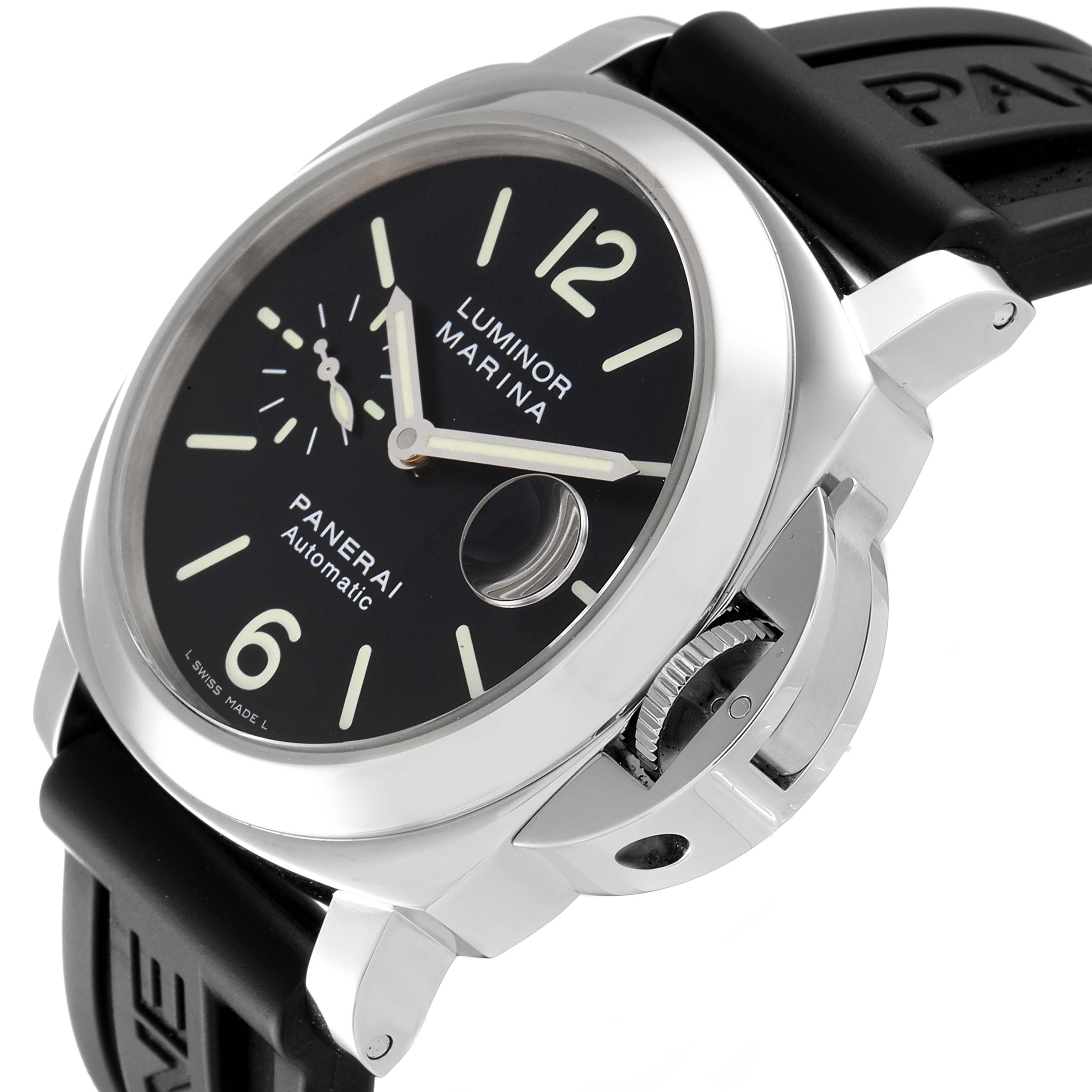 The image shows a Panerai Luminor PAM00104 Men
s Stainless Steel Black Dial PAM00104 Men
s Stainless Steel Black Dial model watch at an angled side view, highlighting the crown guard, dial, and rubber strap.