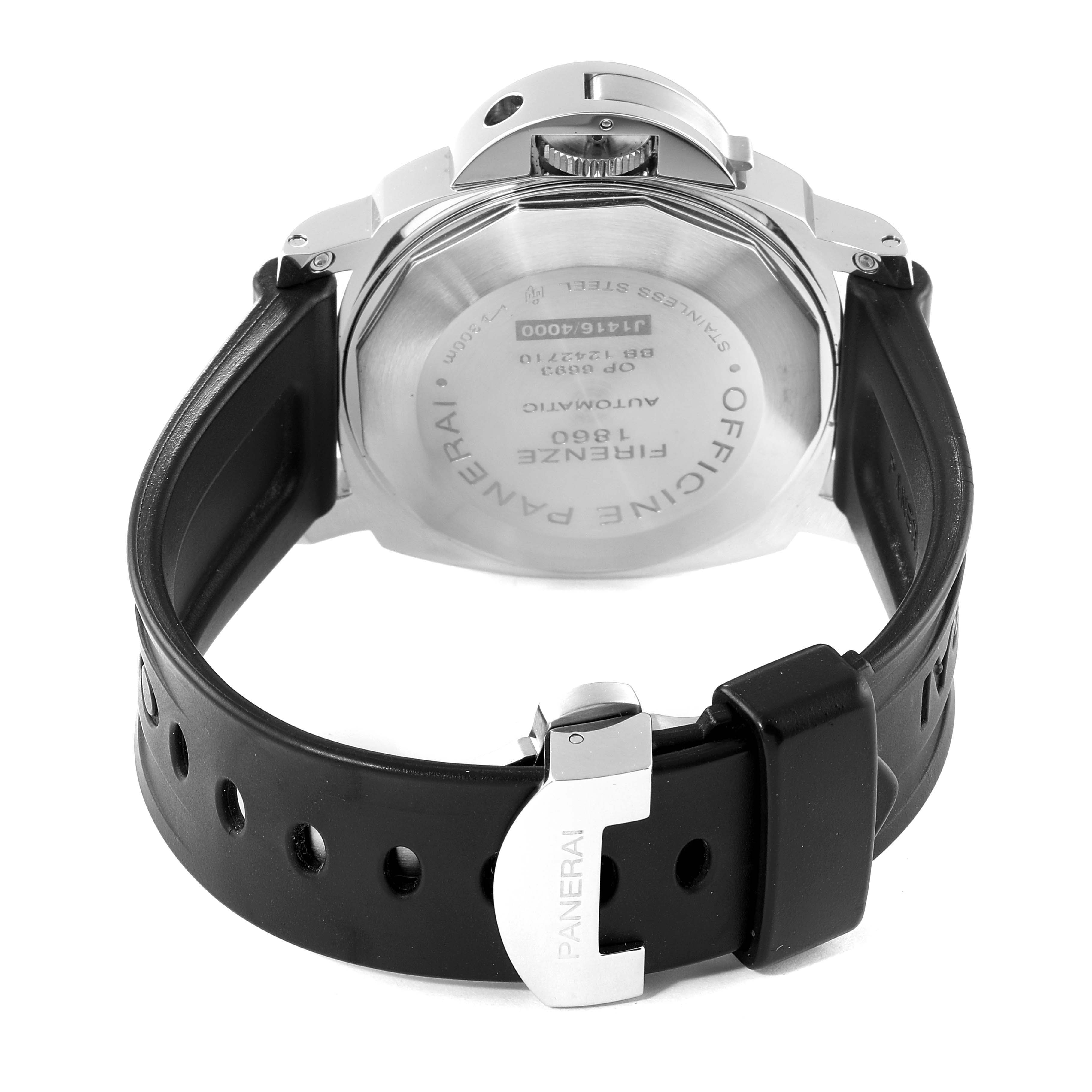 This image shows the back view of a Panerai Luminor PAM00104 Men
s Stainless Steel Black Dial PAM00104 Men
s Stainless Steel Black Dial watch, highlighting the case back, crown, and strap with the Panerai logo.
