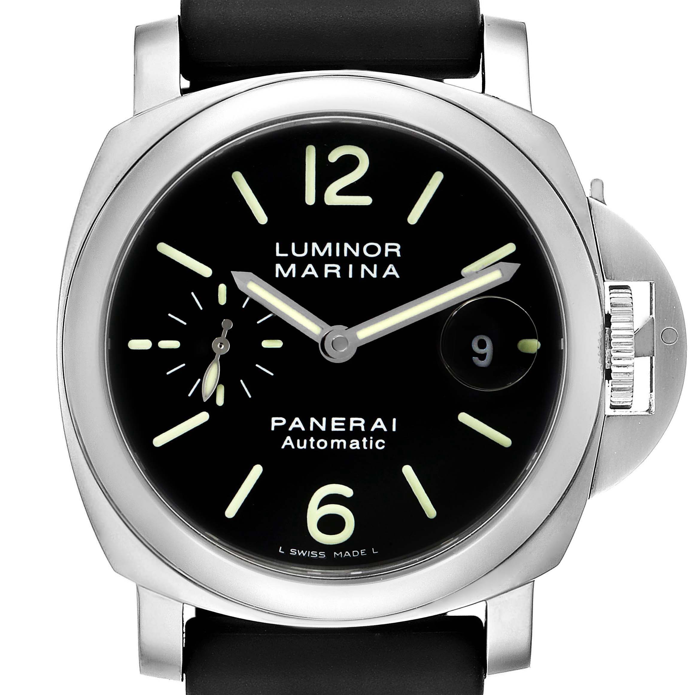 This image shows a front view of a Panerai Luminor PAM00104 Men
s Stainless Steel Black Dial PAM00104 Men
s Stainless Steel Black Dial watch, highlighting its dial, crown, and strap.