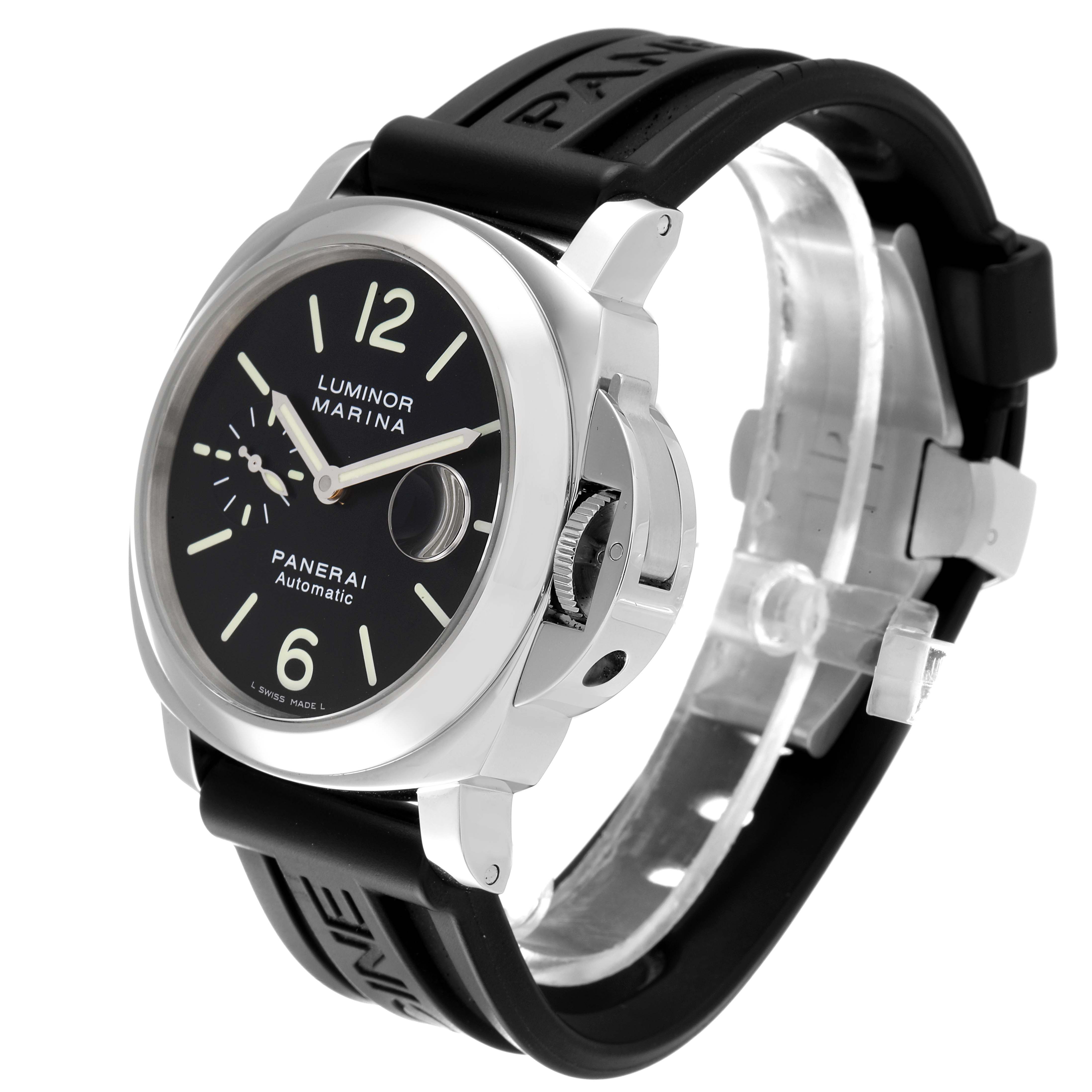 The image shows a Panerai Luminor PAM00104 Men
s Stainless Steel Black Dial PAM00104 Men
s Stainless Steel Black Dial watch at an angle displaying the face, bezel, crown guard, and strap.