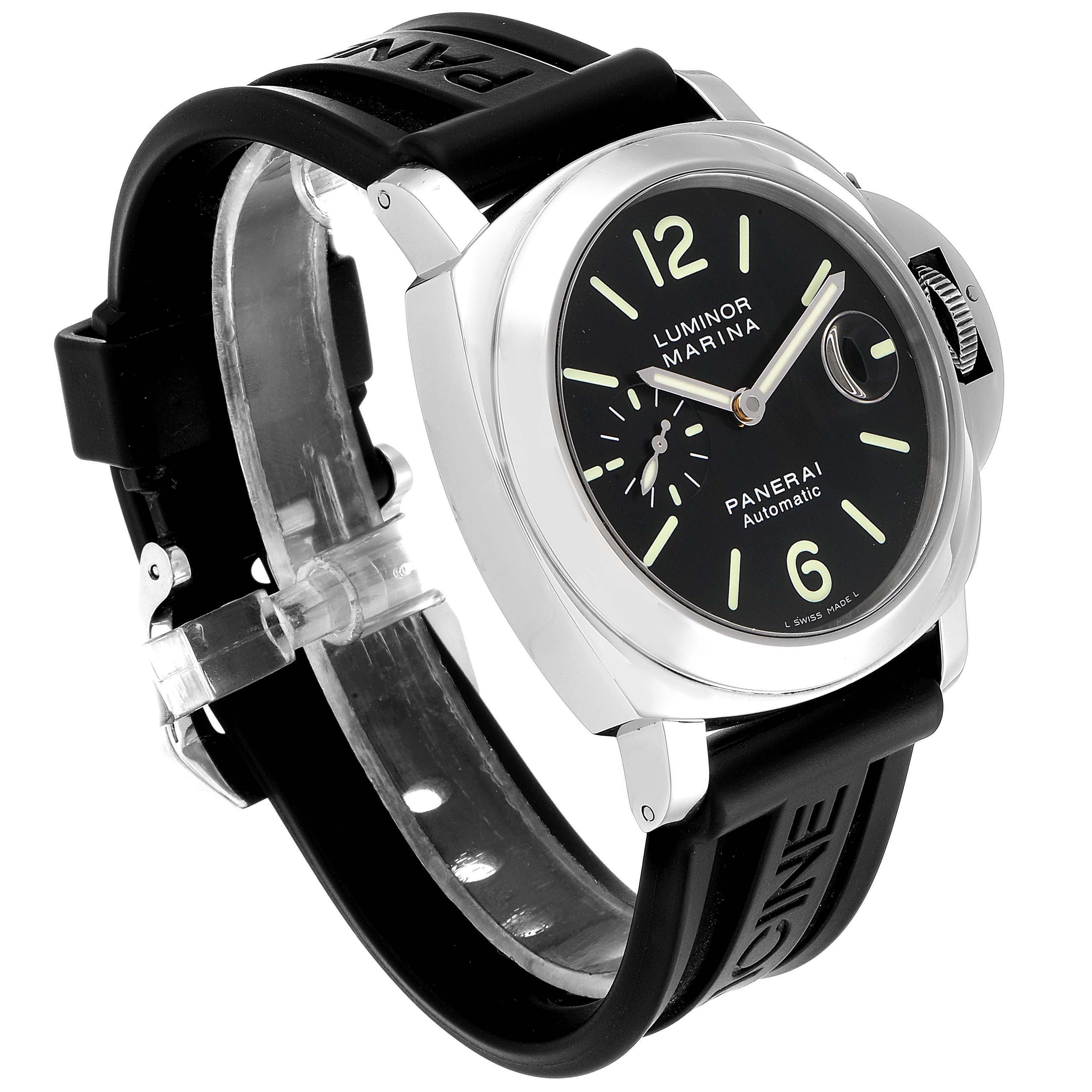 The image shows a Panerai Luminor PAM00104 Men
s Stainless Steel Black Dial PAM00104 Men
s Stainless Steel Black Dial watch at a three-quarter front angle, highlighting the face, bezel, and strap.