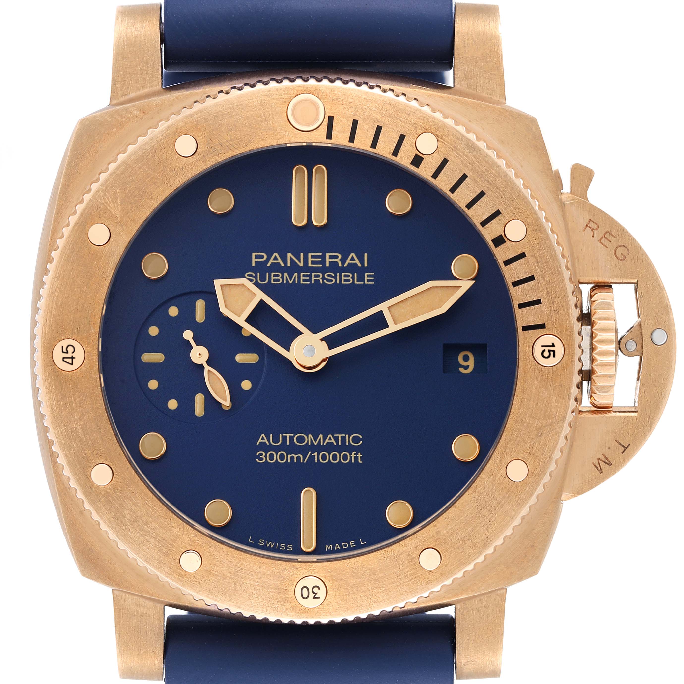 The Panerai Submersible PAM01074 Men's Bronze Blue Dial PAM01074 Men's Bronze Blue Dial watch is shown from a front angle, highlighting its bronze casing, blue dial, and bezel.