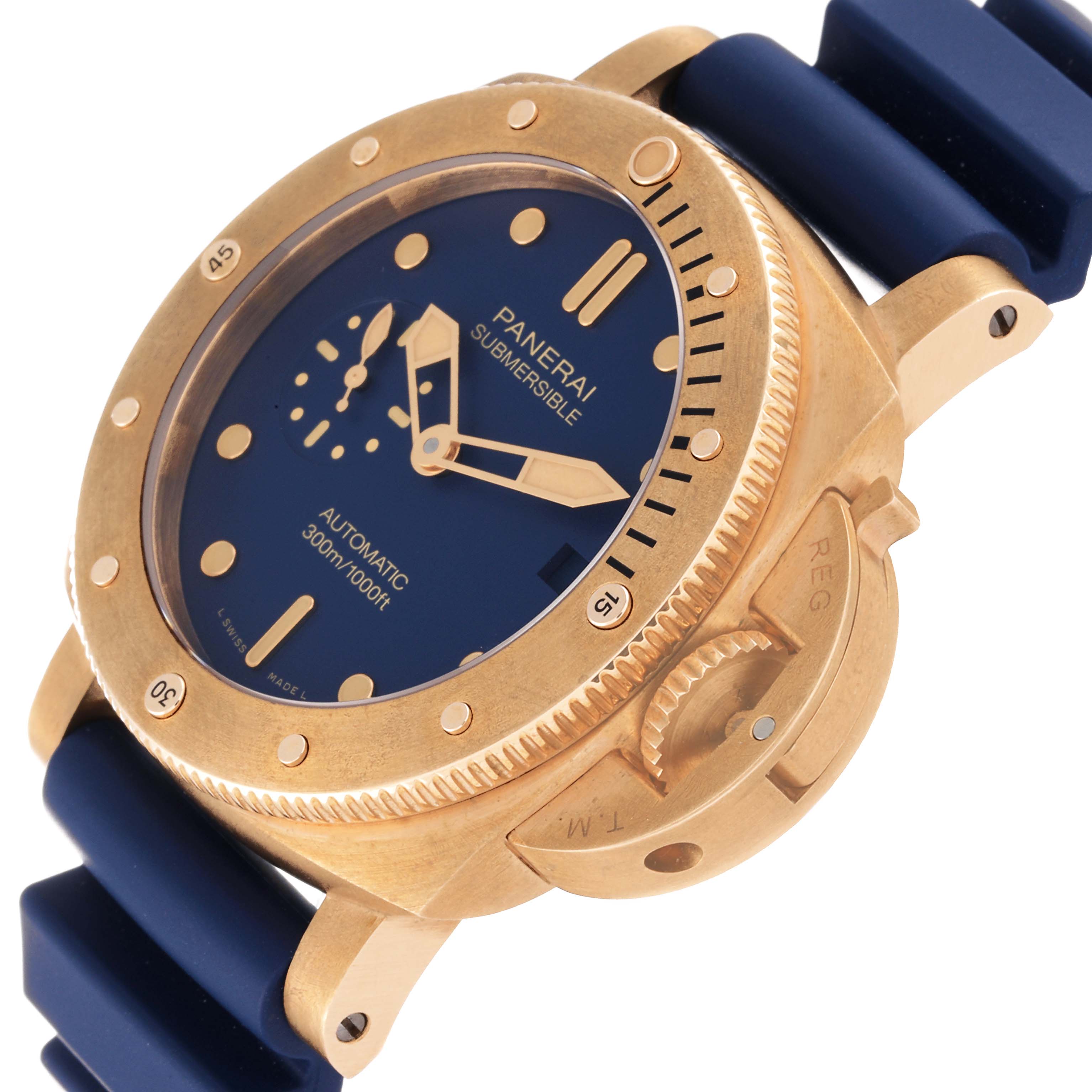 The Panerai Submersible PAM01074 Men's Bronze Blue Dial PAM01074 Men's Bronze Blue Dial watch is shown at an oblique angle, highlighting the dial, bezel, and part of the strap.
