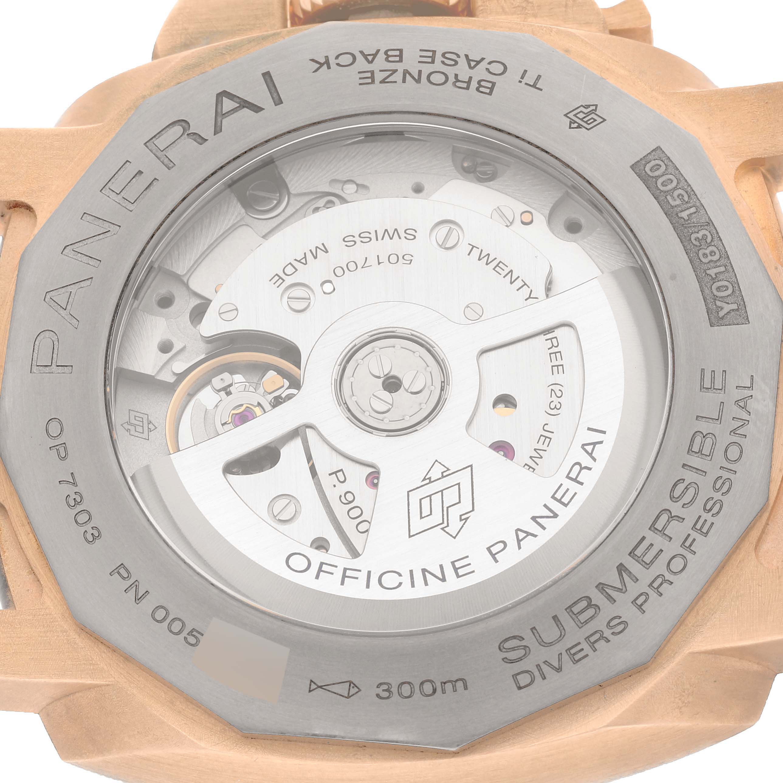 The image shows the back view of the Panerai Submersible PAM01074 Men's Bronze Blue Dial PAM01074 Men's Bronze Blue Dial watch, highlighting the movement and case back engravings.