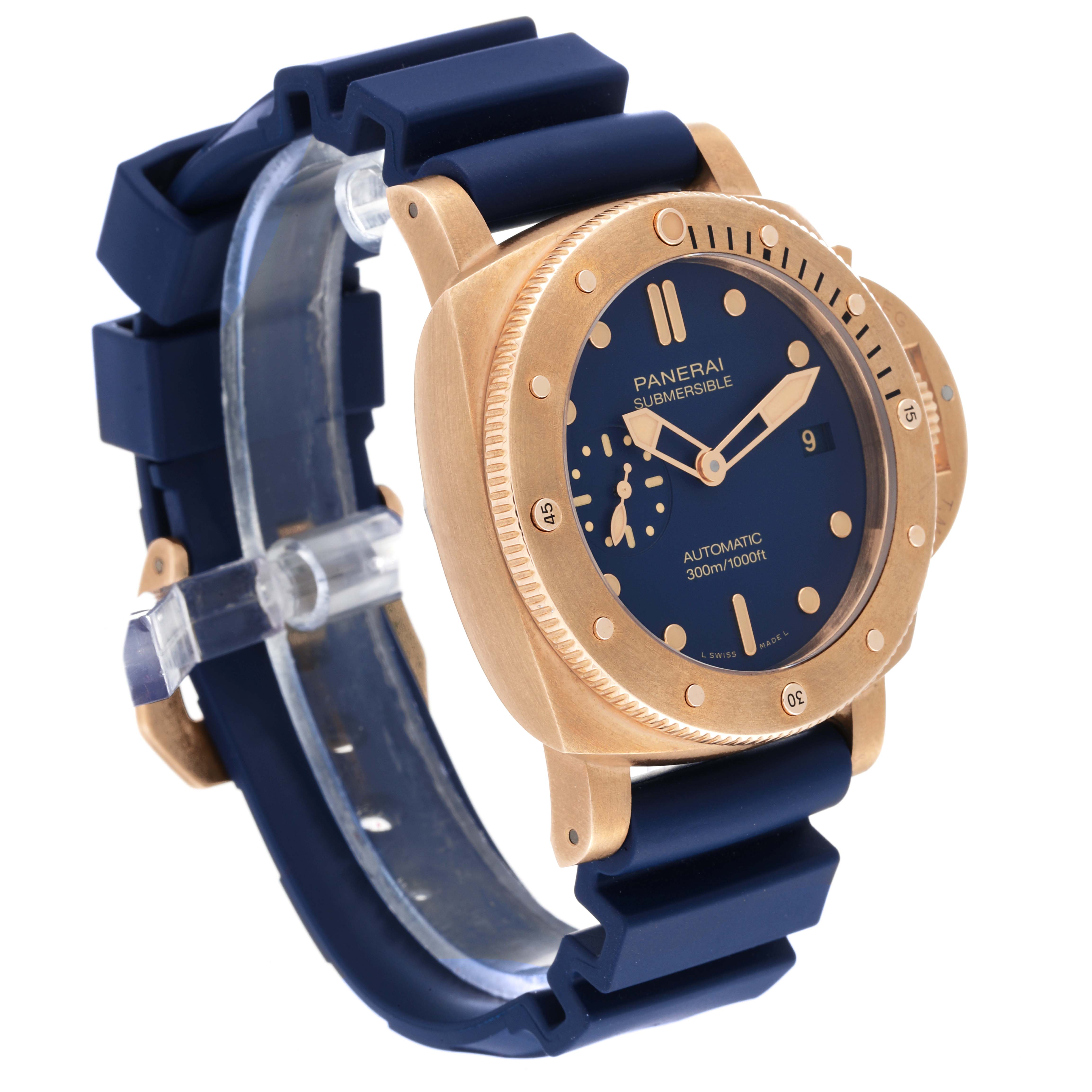 The Panerai Submersible PAM01074 Men's Bronze Blue Dial PAM01074 Men's Bronze Blue Dial watch is shown at a front three-quarter angle, highlighting the bronze case, blue bezel, and blue strap.