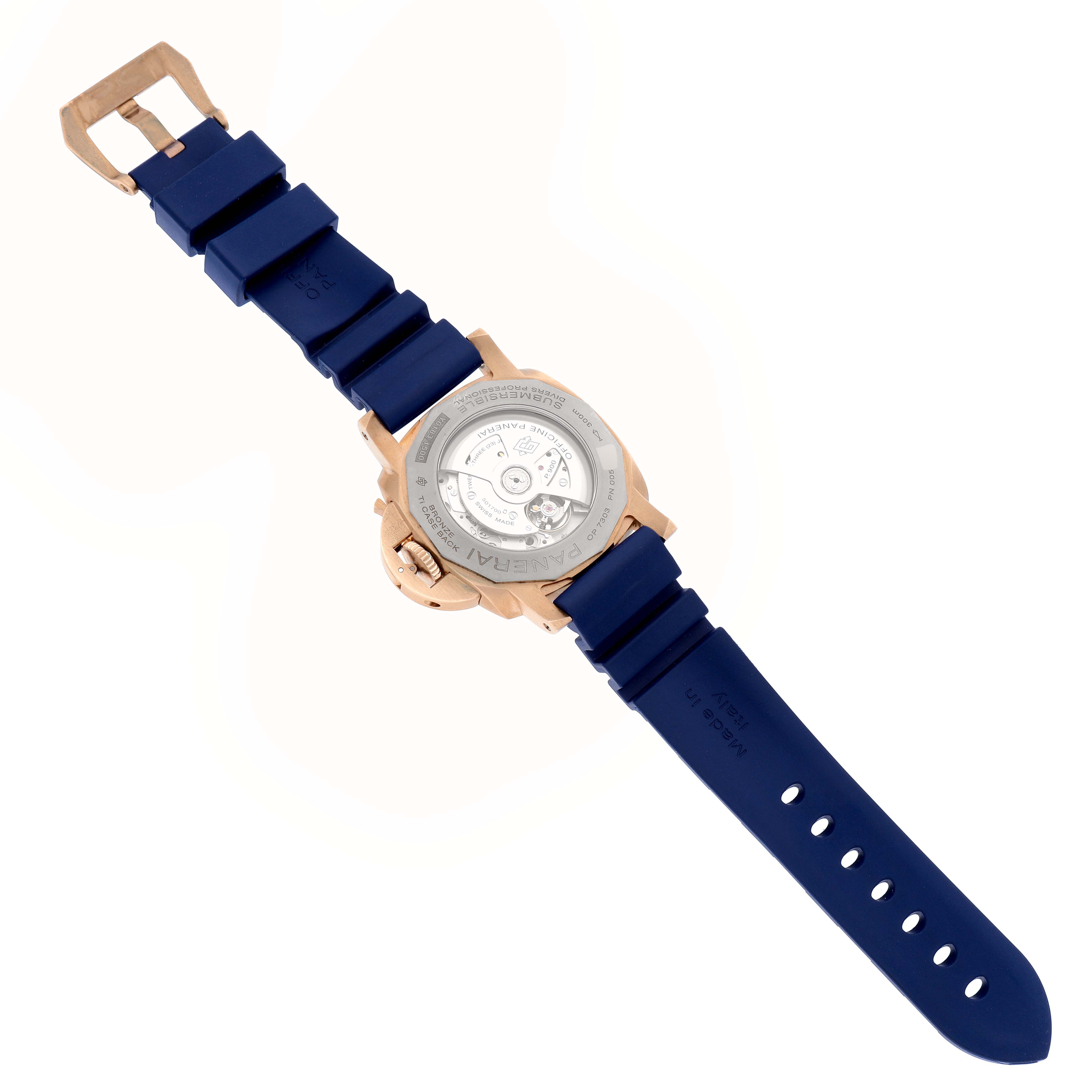 This image shows the back view and blue strap of a Panerai Submersible PAM01074 Men's Bronze Blue Dial PAM01074 Men's Bronze Blue Dial watch.