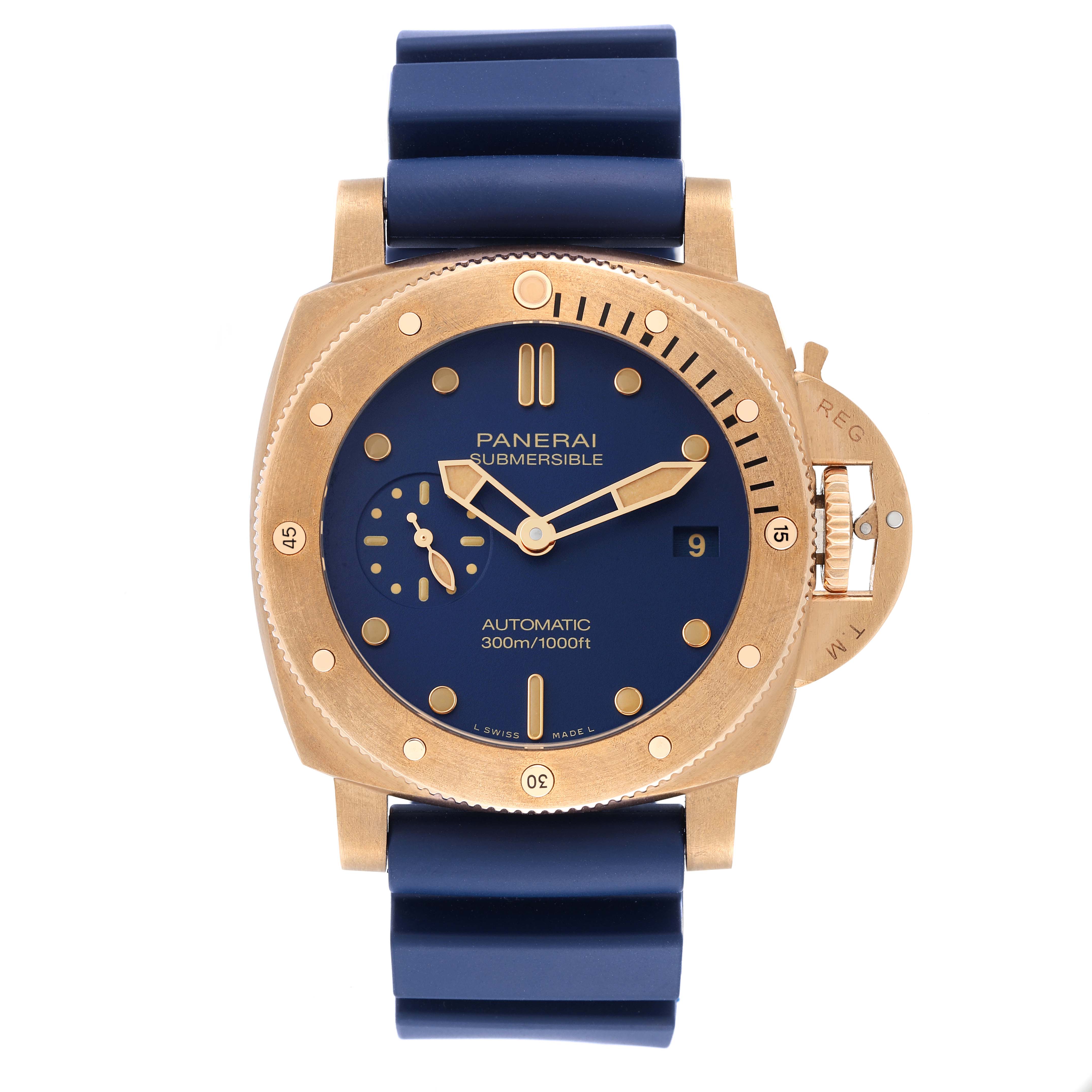 The Panerai Submersible PAM01074 Men's Bronze Blue Dial PAM01074 Men's Bronze Blue Dial watch is shown from the front, displaying the face, bezel, crown guard, and blue strap.
