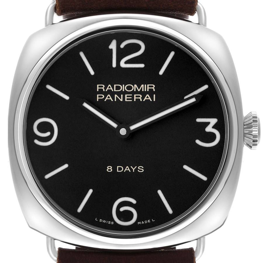 The image shows a front view of a Panerai Radiomir watch, highlighting the dial, numerals, and case.