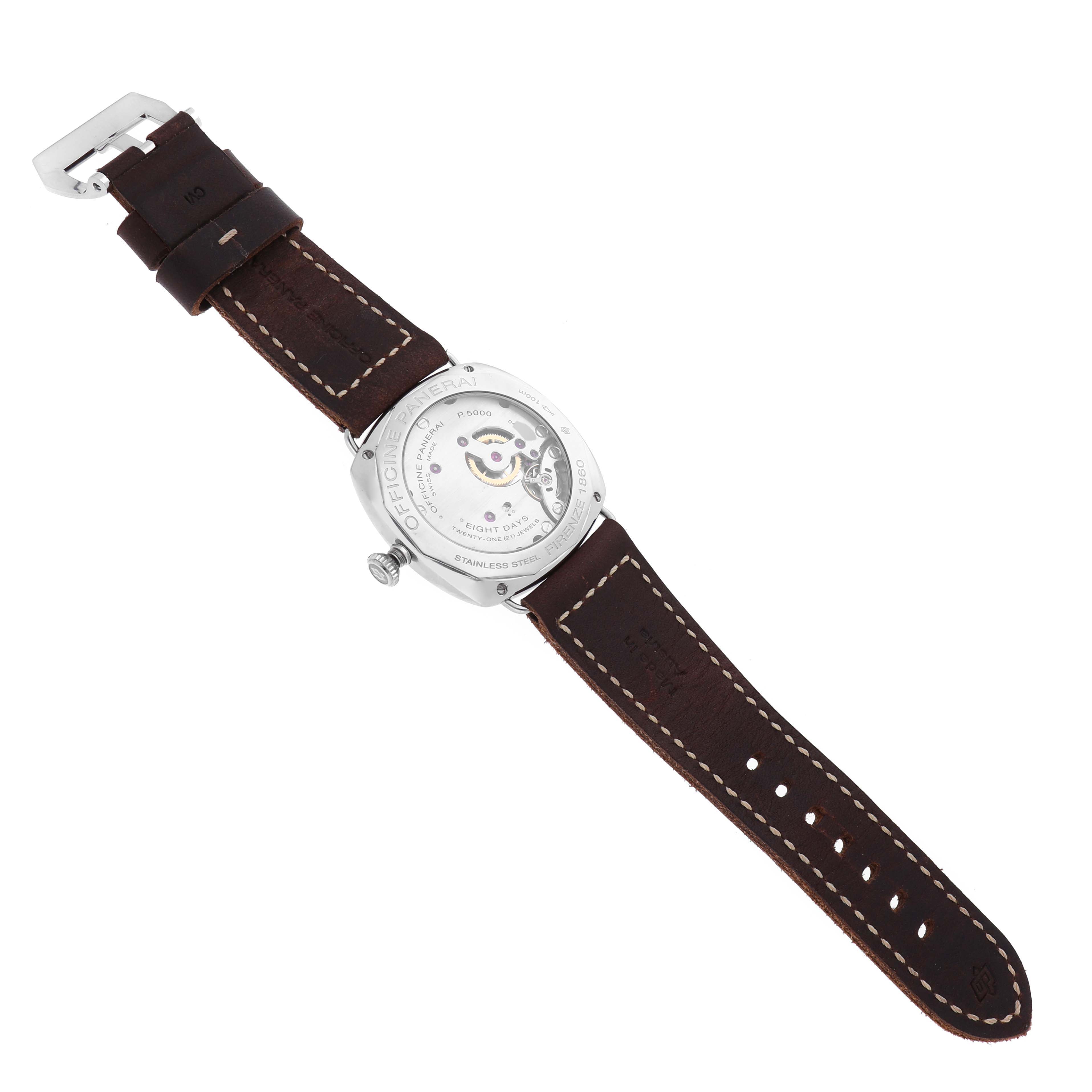 The Panerai Radiomir PAM00610 Men's Stainless Steel Black Dial PAM00610 Men's Stainless Steel Black Dial watch is shown from the back, highlighting the transparent case back and brown leather strap.