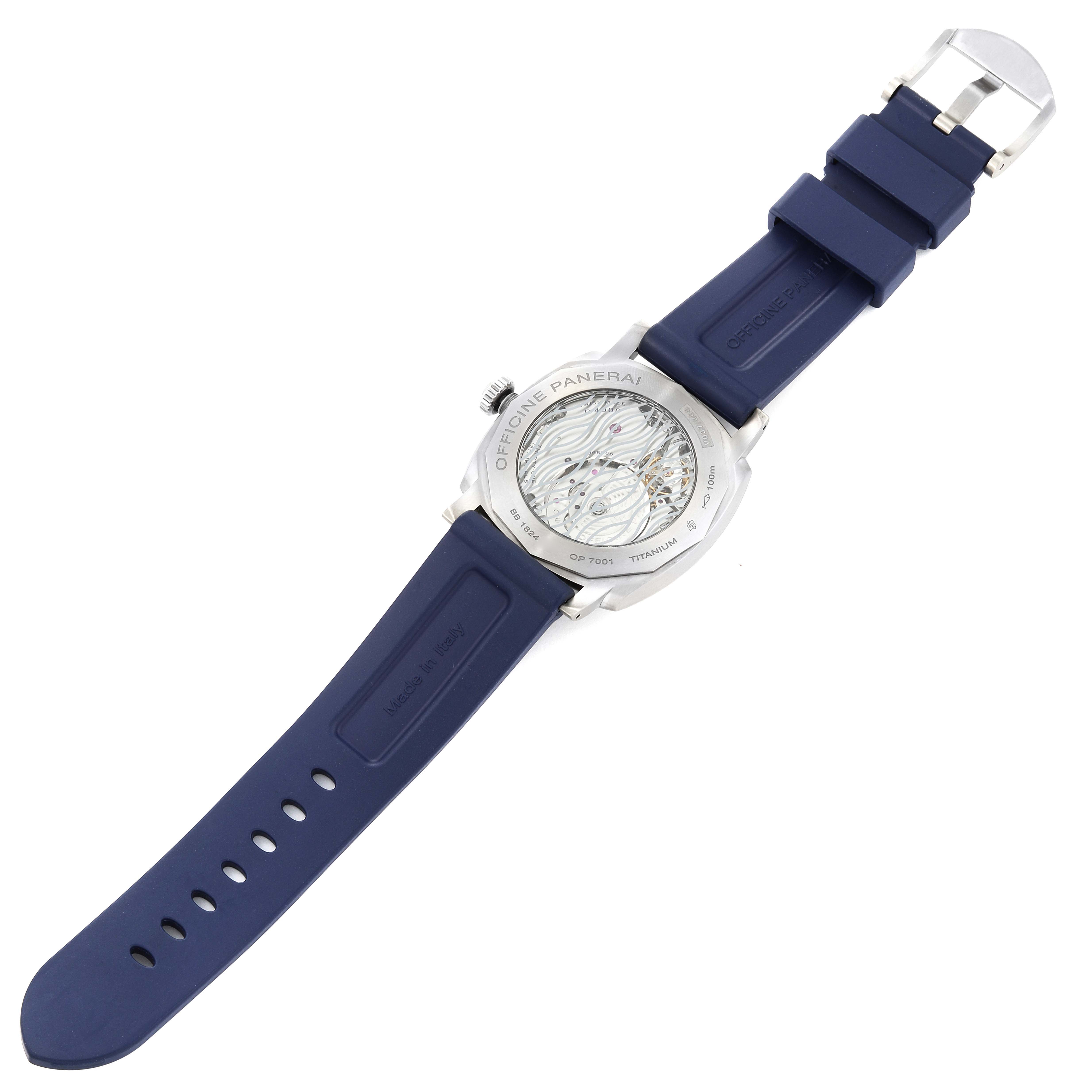 The image shows the back view of a Panerai Radiomir PAM01078 Men's Titanium Blue Dial PAM01078 Men's Titanium Blue Dial watch with its case back and blue strap visible.