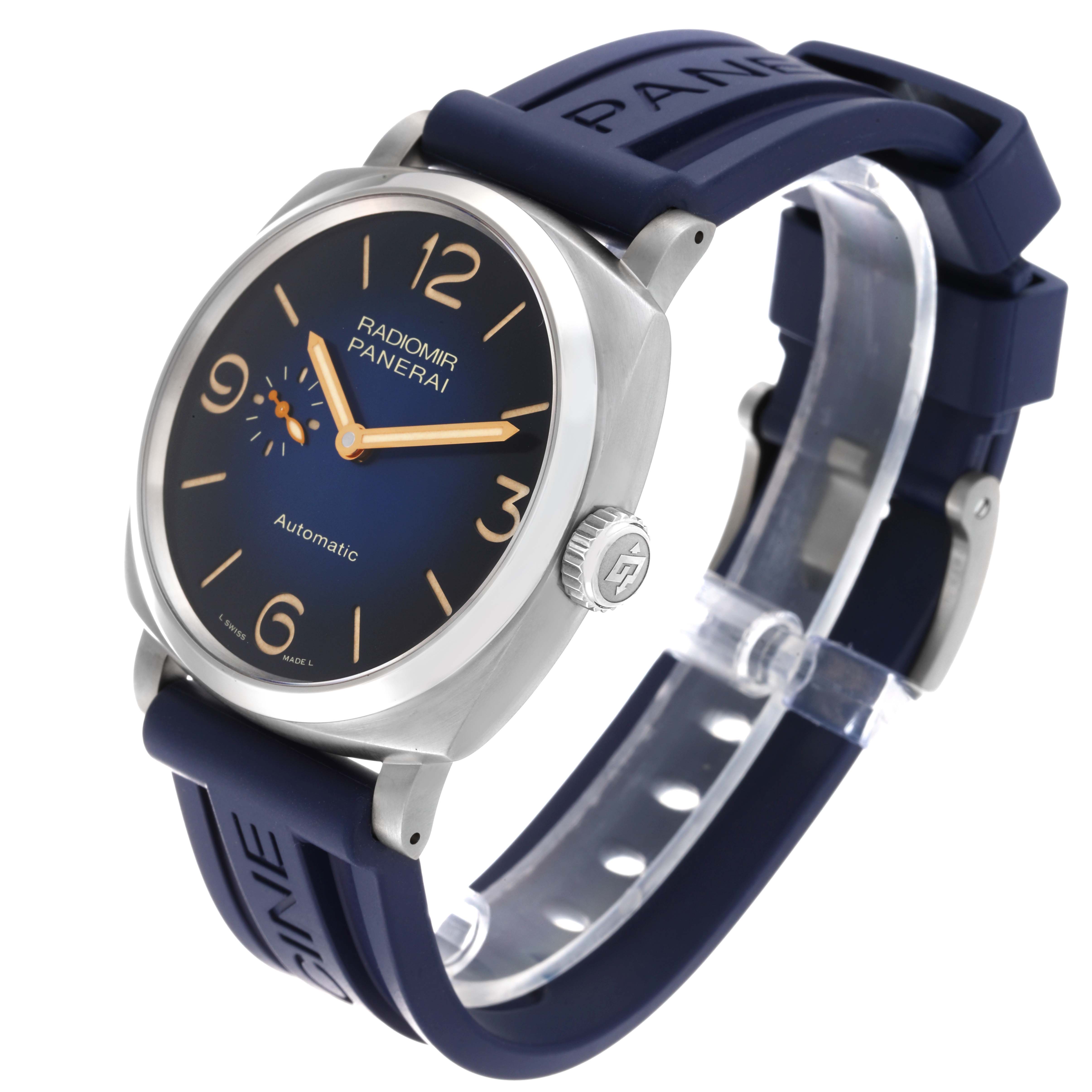The image shows a Panerai Radiomir PAM01078 Men's Titanium Blue Dial PAM01078 Men's Titanium Blue Dial watch angled from the front-left, highlighting its blue dial, crown, and rubber strap.