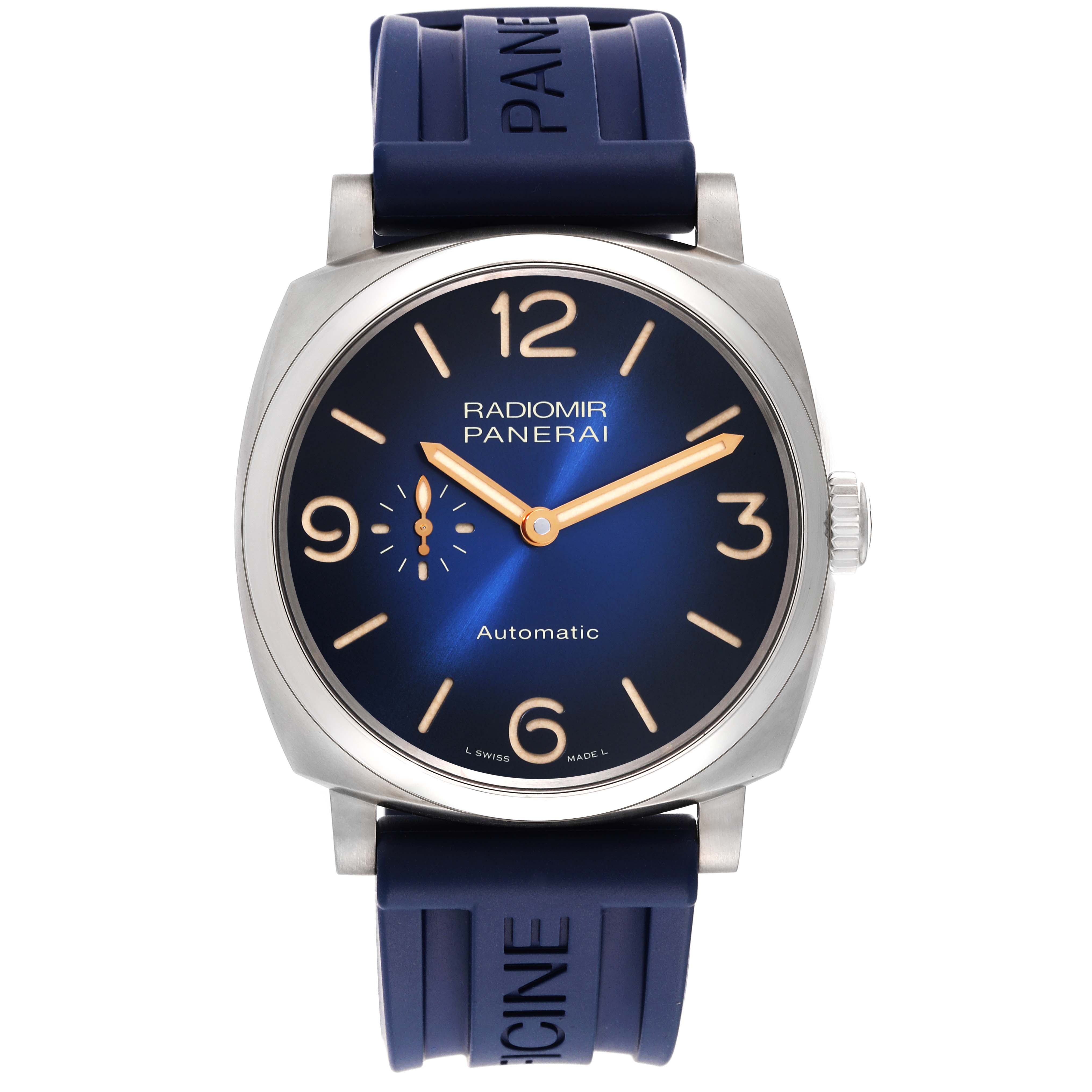 The image shows a frontal view of the Panerai Radiomir PAM01078 Men's Titanium Blue Dial PAM01078 Men's Titanium Blue Dial watch, including the dial, case, crown, and strap.