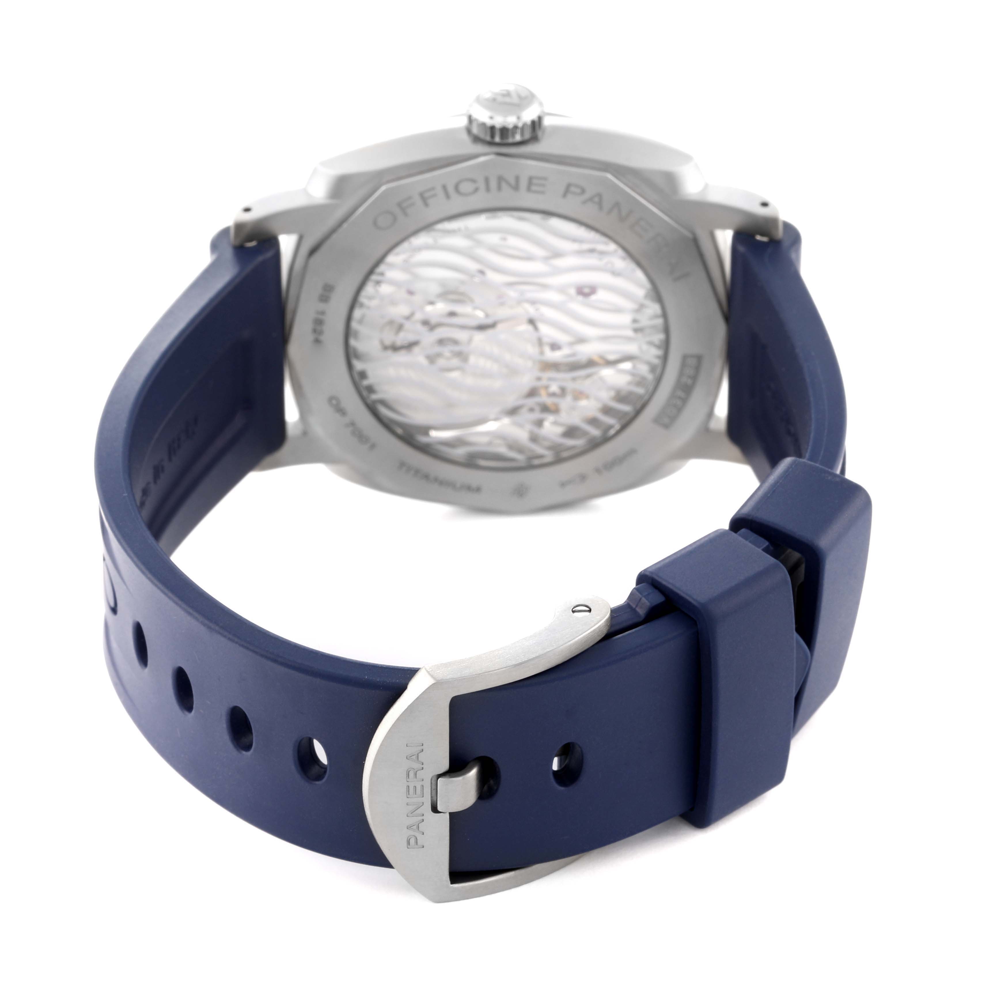 This Panerai Radiomir PAM01078 Men's Titanium Blue Dial PAM01078 Men's Titanium Blue Dial watch is shown from a rear angle, displaying the case back and blue strap with a buckle.