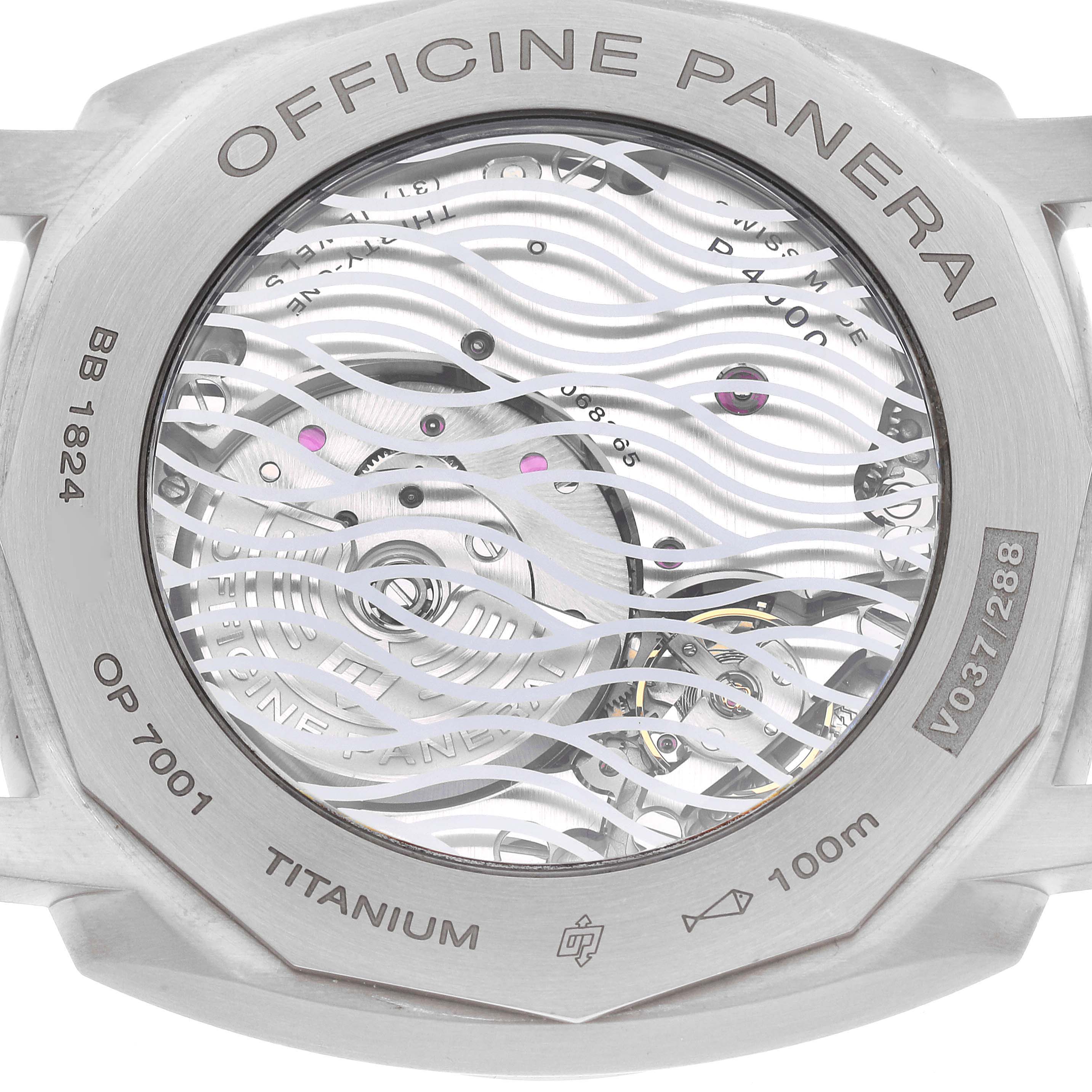 This image shows the back case of a Panerai Radiomir PAM01078 Men's Titanium Blue Dial PAM01078 Men's Titanium Blue Dial watch, highlighting its intricate movement and inscriptions.