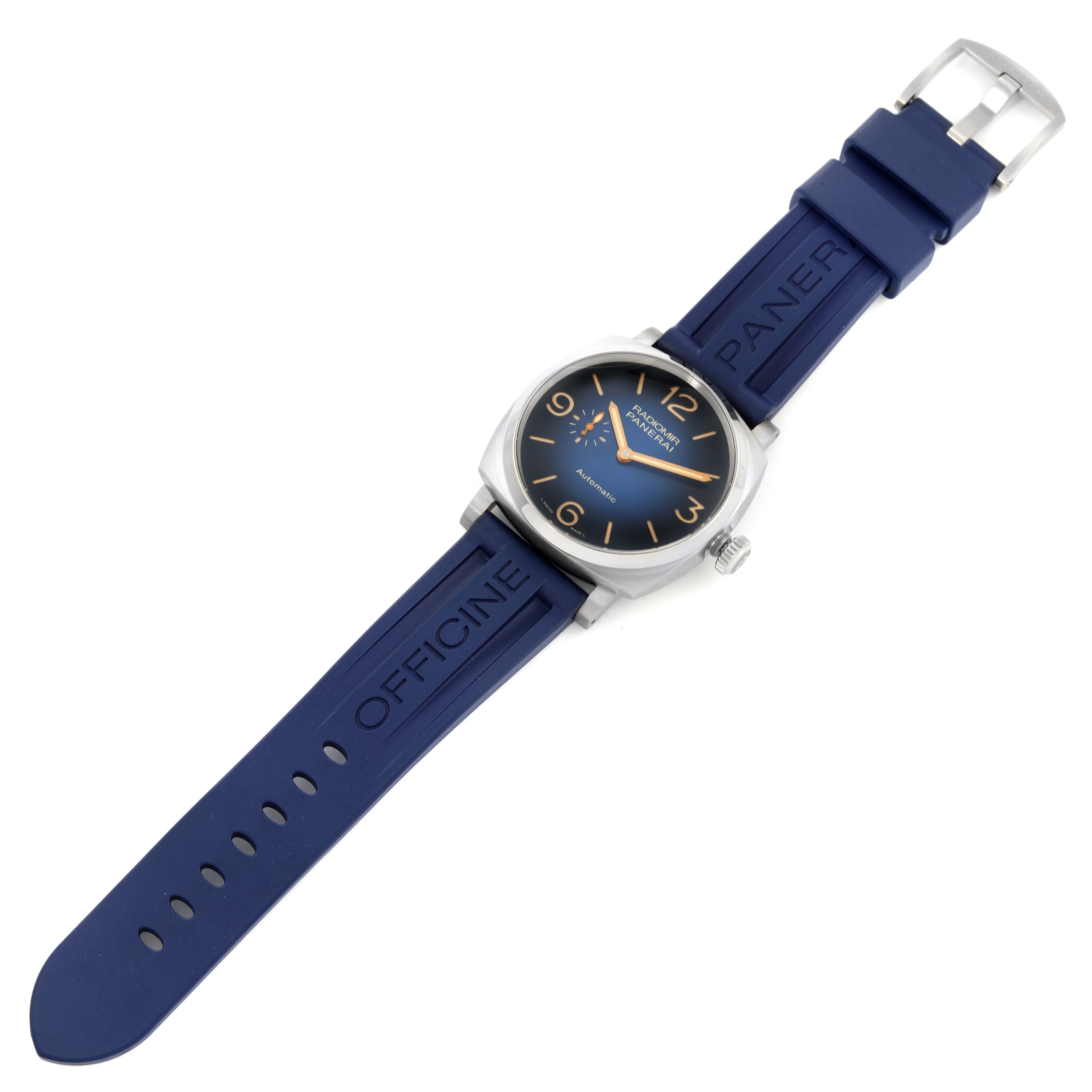 This image shows a Panerai Radiomir PAM01078 Men's Titanium Blue Dial PAM01078 Men's Titanium Blue Dial watch with a blue strap, viewed from the top, displaying the face, strap, and buckle.