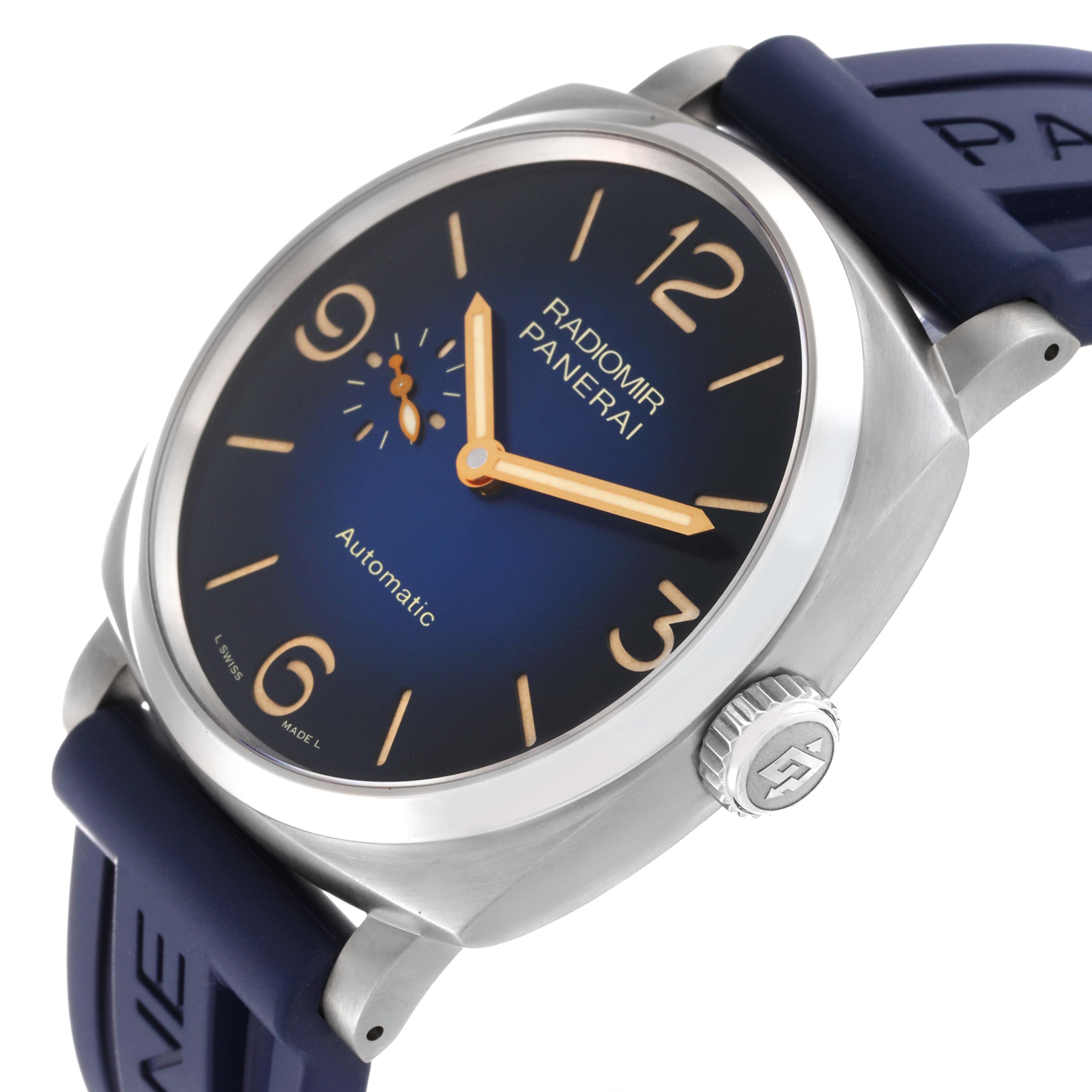 This image shows a side view of the Panerai Radiomir PAM01078 Men's Titanium Blue Dial PAM01078 Men's Titanium Blue Dial watch, highlighting its dial, crown, and blue strap.