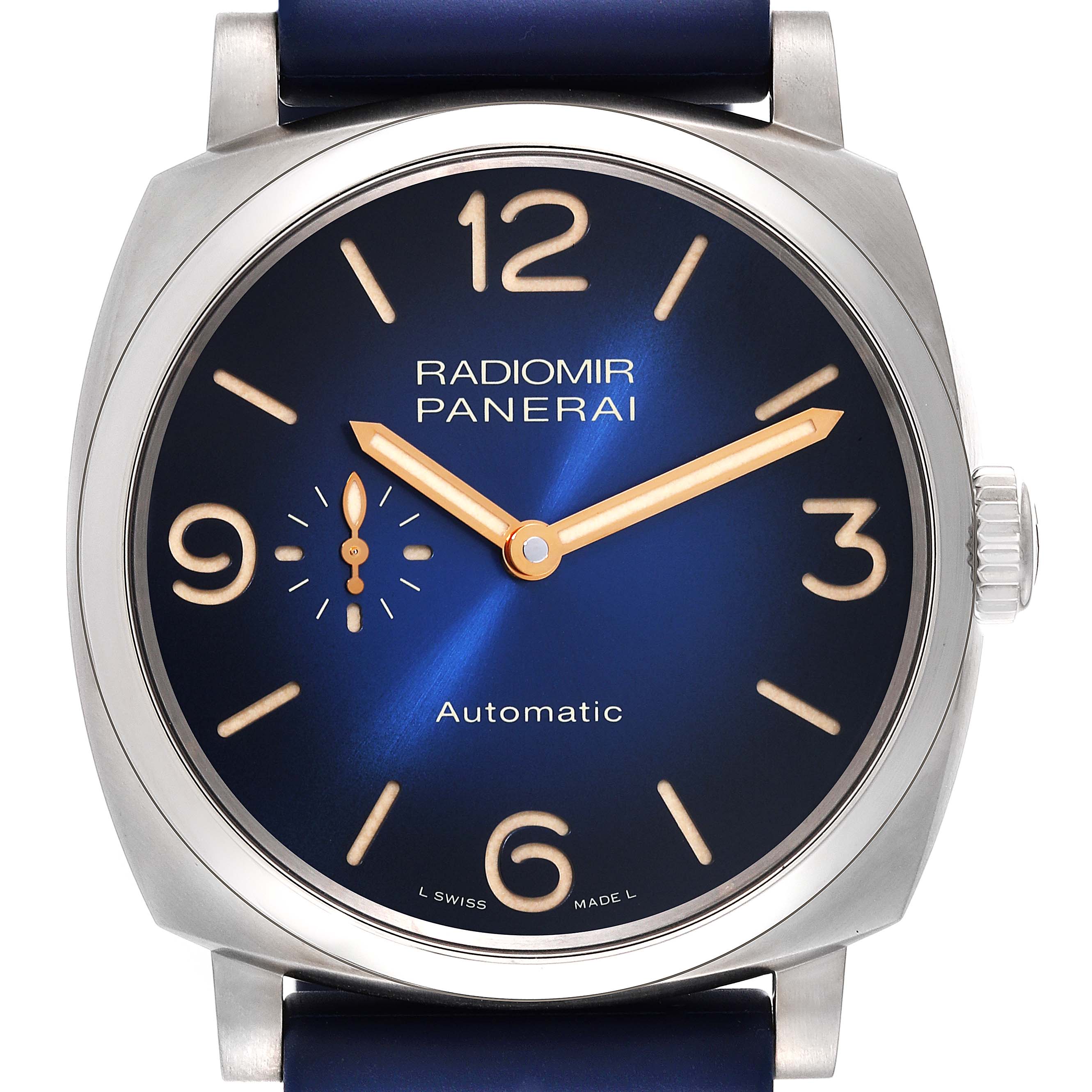 The image shows a front view of the Panerai Radiomir PAM01078 Men's Titanium Blue Dial PAM01078 Men's Titanium Blue Dial watch with a blue dial and a stainless steel case.