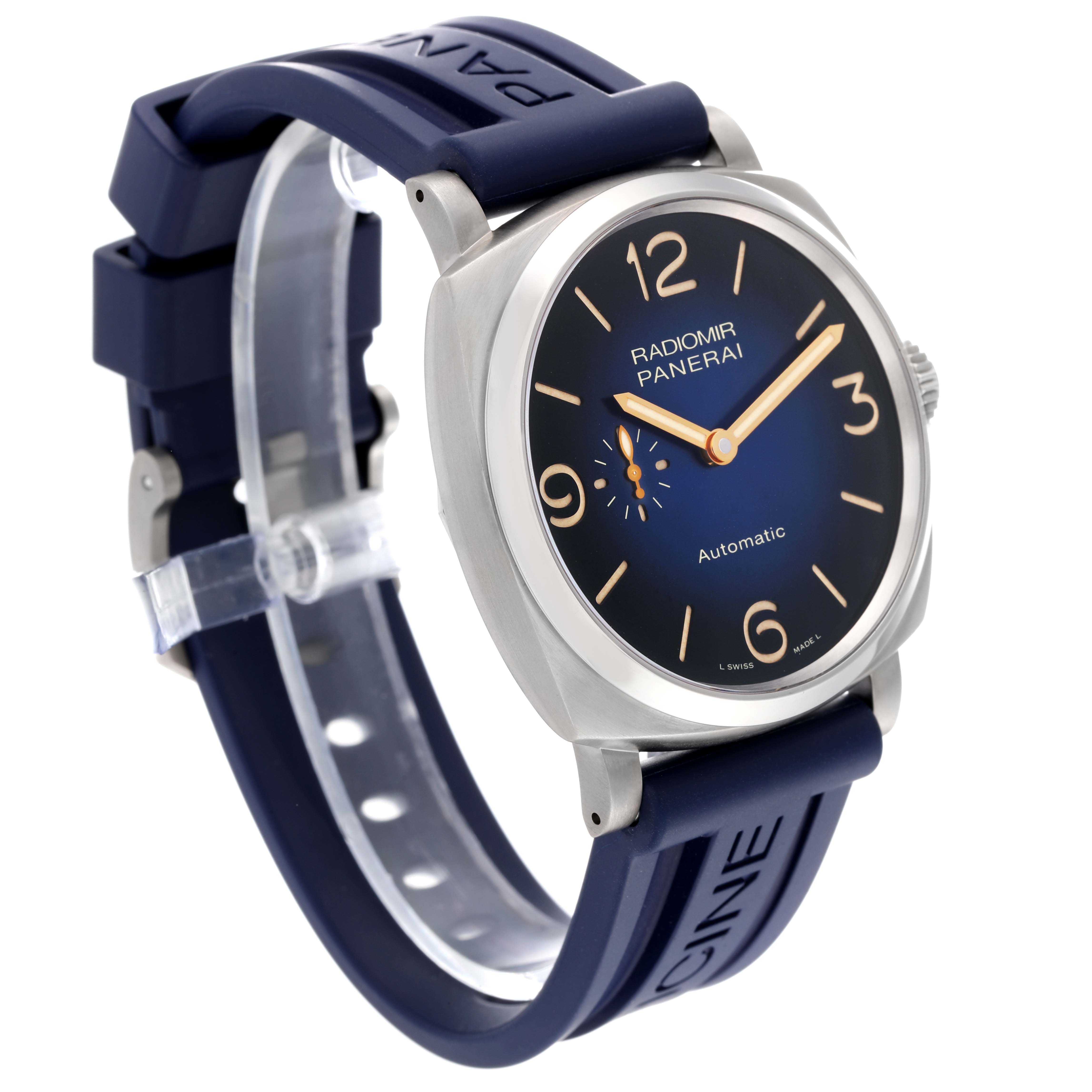 The image shows a Panerai Radiomir PAM01078 Men's Titanium Blue Dial PAM01078 Men's Titanium Blue Dial watch from a front side angle, highlighting its case, blue dial, and strap.