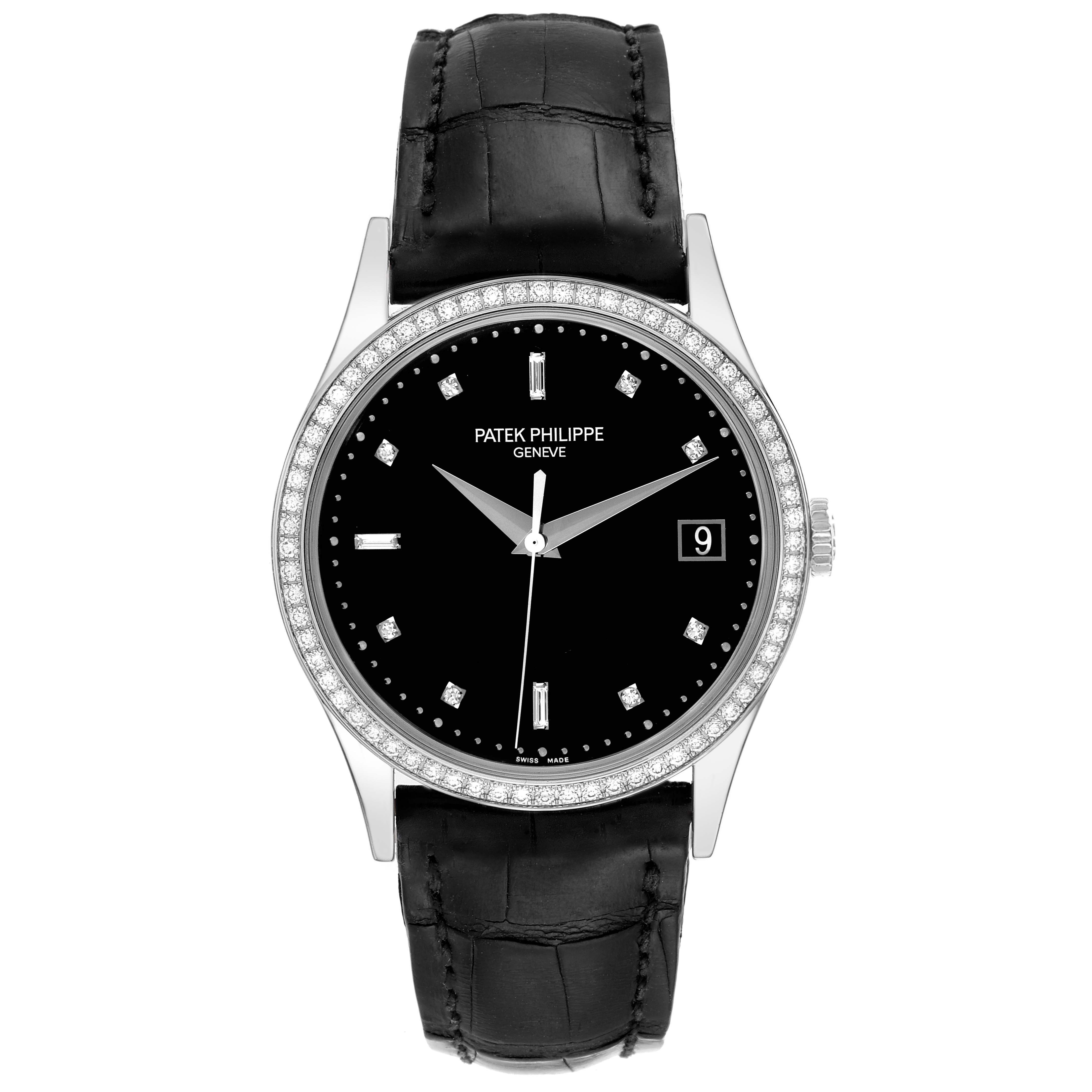 The image shows a front view of a Patek Philippe Calatrava 5297G Men's White Gold Black Dial 5297G Men's White Gold Black Dial watch with a black dial, diamond markers, and a black leather strap.