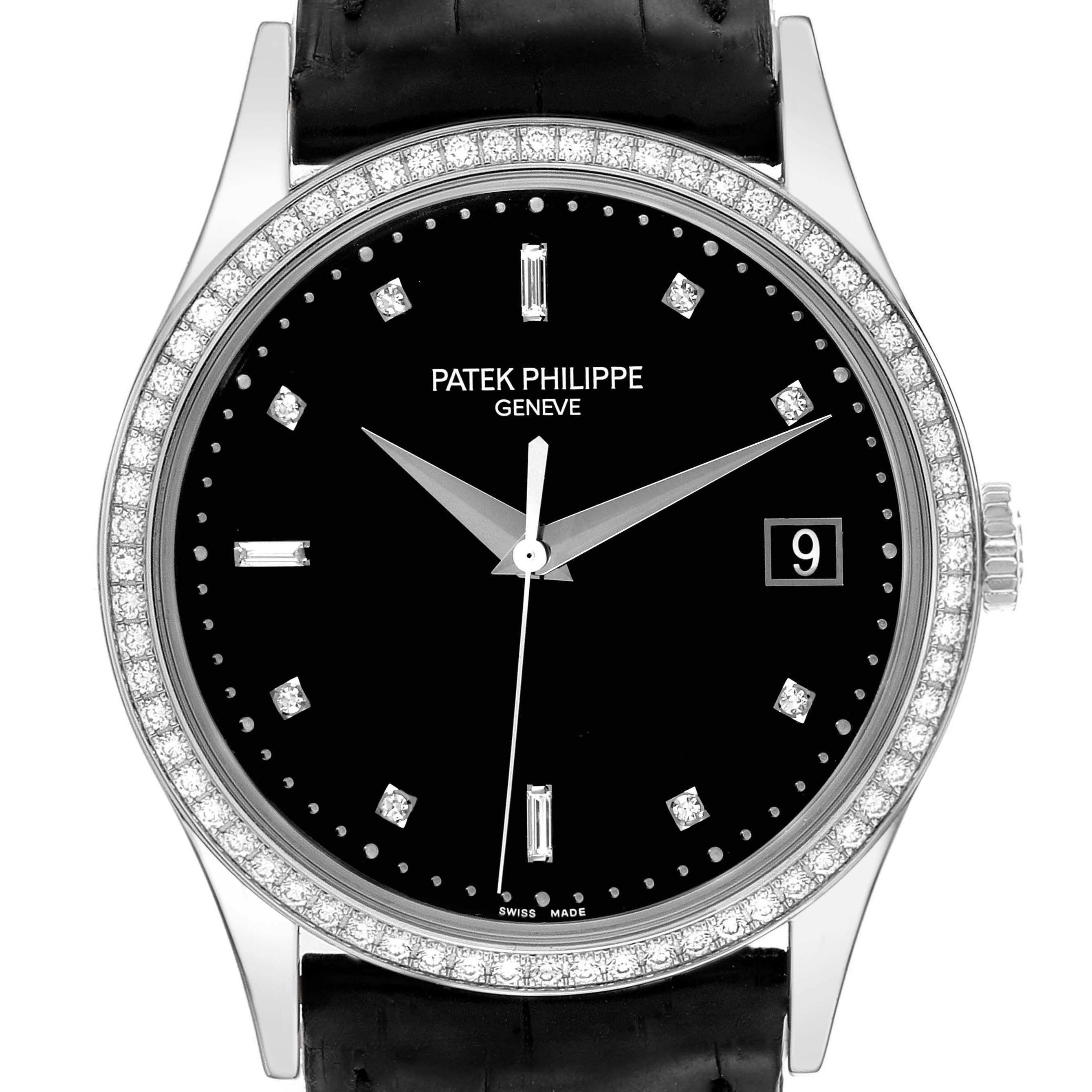 The image shows a front view of a Patek Philippe Calatrava 5297G Men's White Gold Black Dial 5297G Men's White Gold Black Dial watch, highlighting its black dial, diamond-set bezel, and date window.