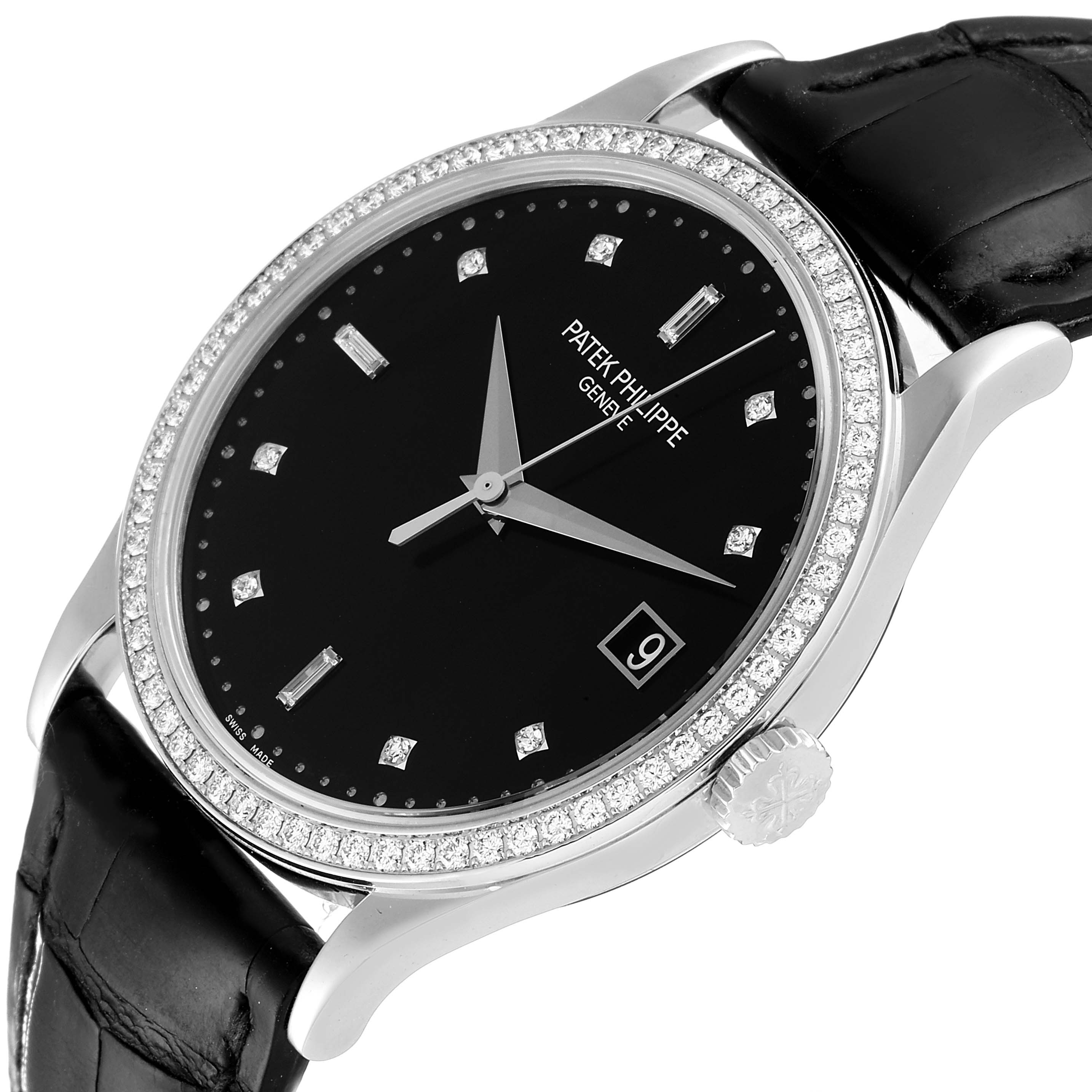 The image shows a Patek Philippe Calatrava 5297G Men's White Gold Black Dial 5297G Men's White Gold Black Dial watch from an angled view, highlighting the black dial, diamond bezel, and black leather strap.