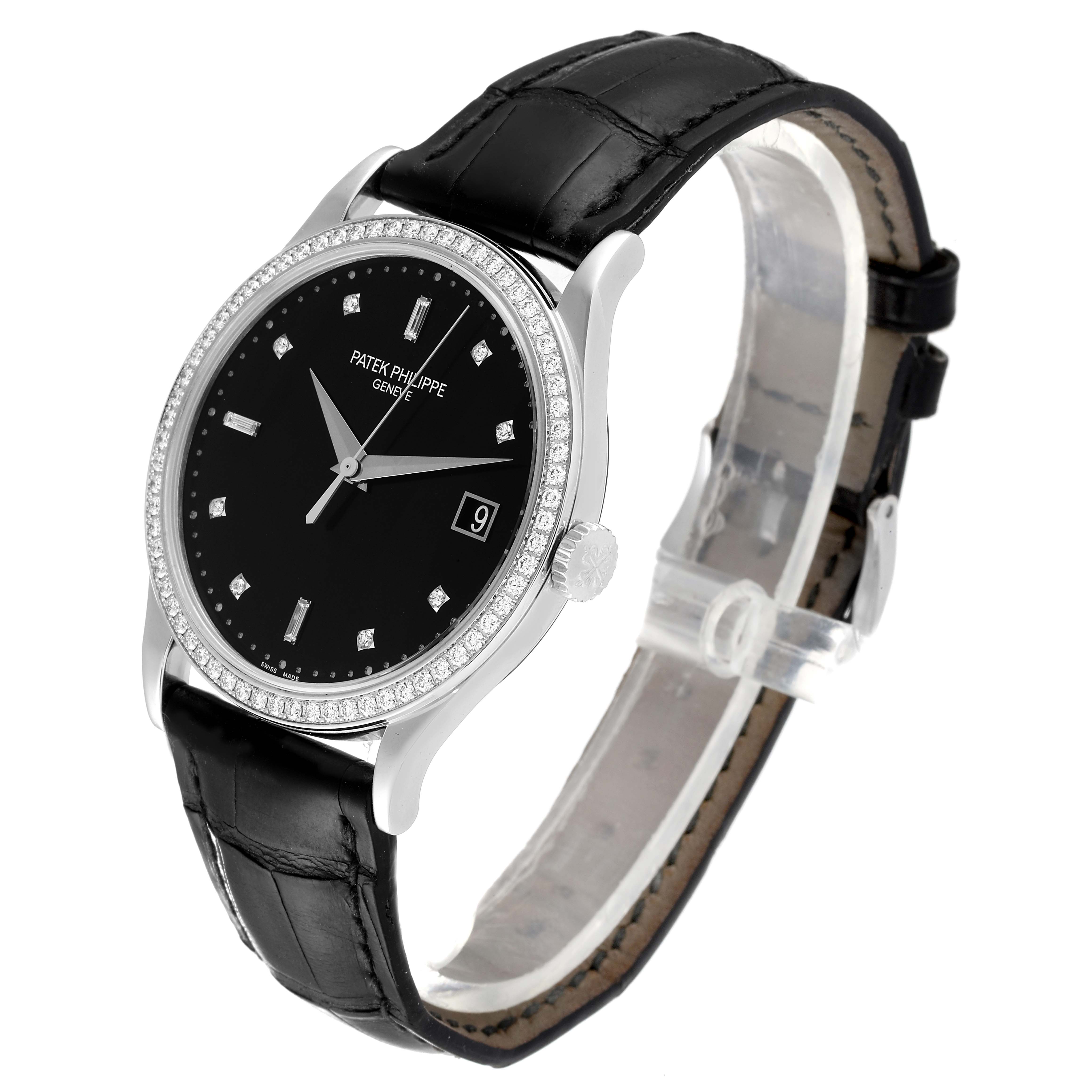 This image shows a side angle of the Patek Philippe Calatrava 5297G Men's White Gold Black Dial 5297G Men's White Gold Black Dial watch, highlighting its black dial, diamond bezel, and leather strap.