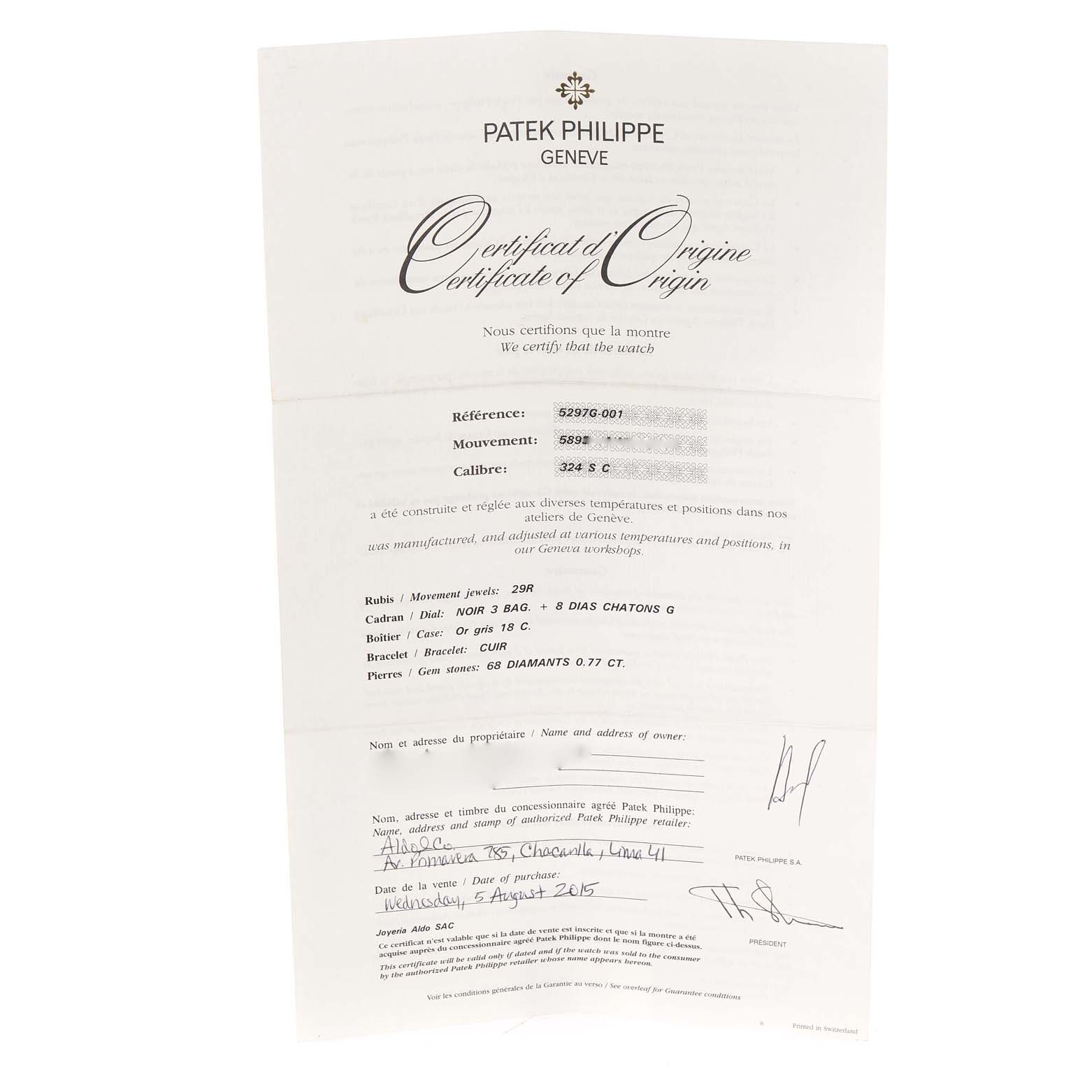 This is a Certificate of Origin for the Patek Philippe Calatrava 5297G Men's White Gold Black Dial 5297G Men's White Gold Black Dial watch model, showing reference, movement, and other details.