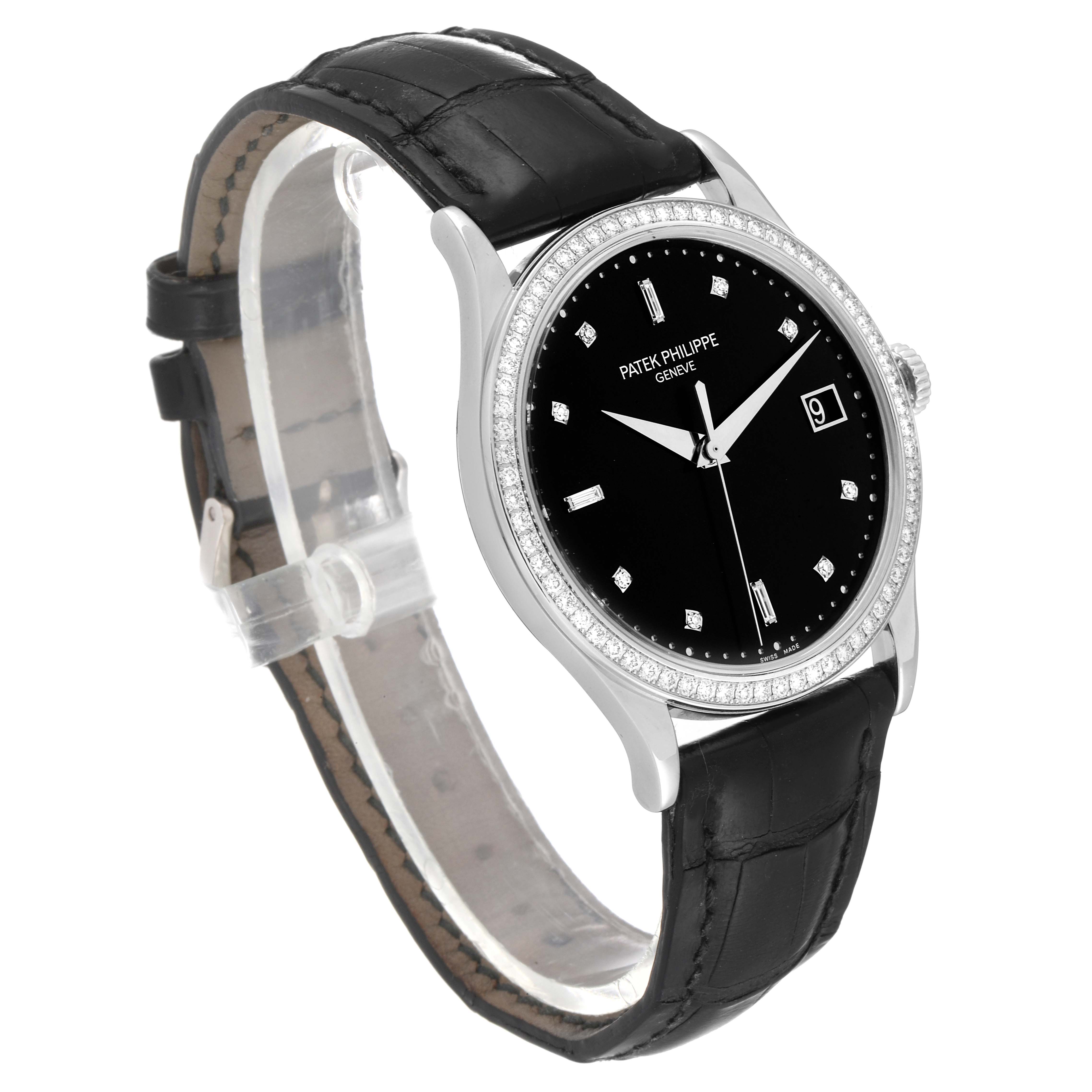 The Patek Philippe Calatrava 5297G Men's White Gold Black Dial 5297G Men's White Gold Black Dial watch is shown at a three-quarter angle, highlighting its black dial, diamond bezel, and black leather strap.