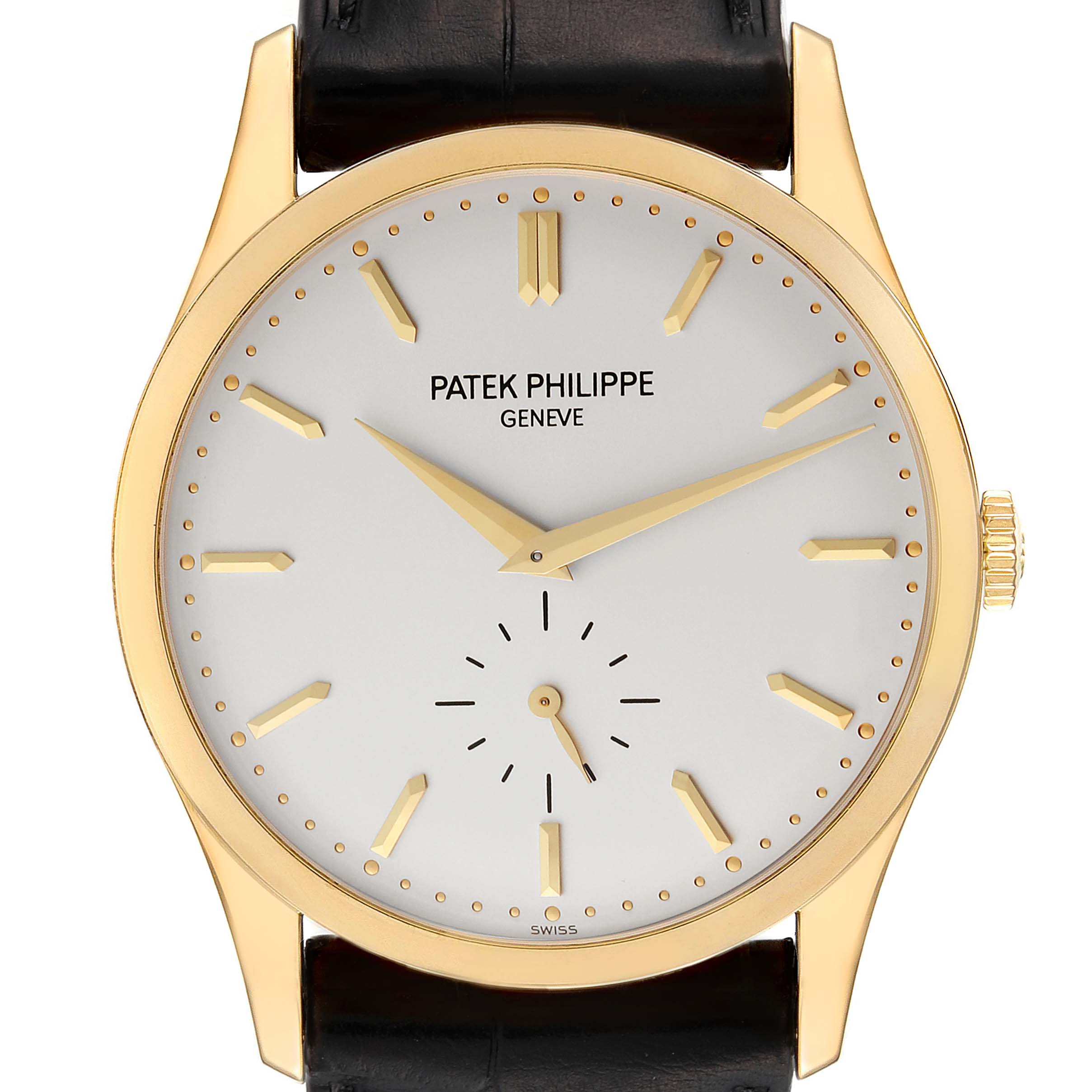 This Patek Philippe Calatrava 5196J Men's Yellow Gold Silver Dial 5196J Men's Yellow Gold Silver Dial watch is shown from the front, displaying its dial, hands, indices, and crown.