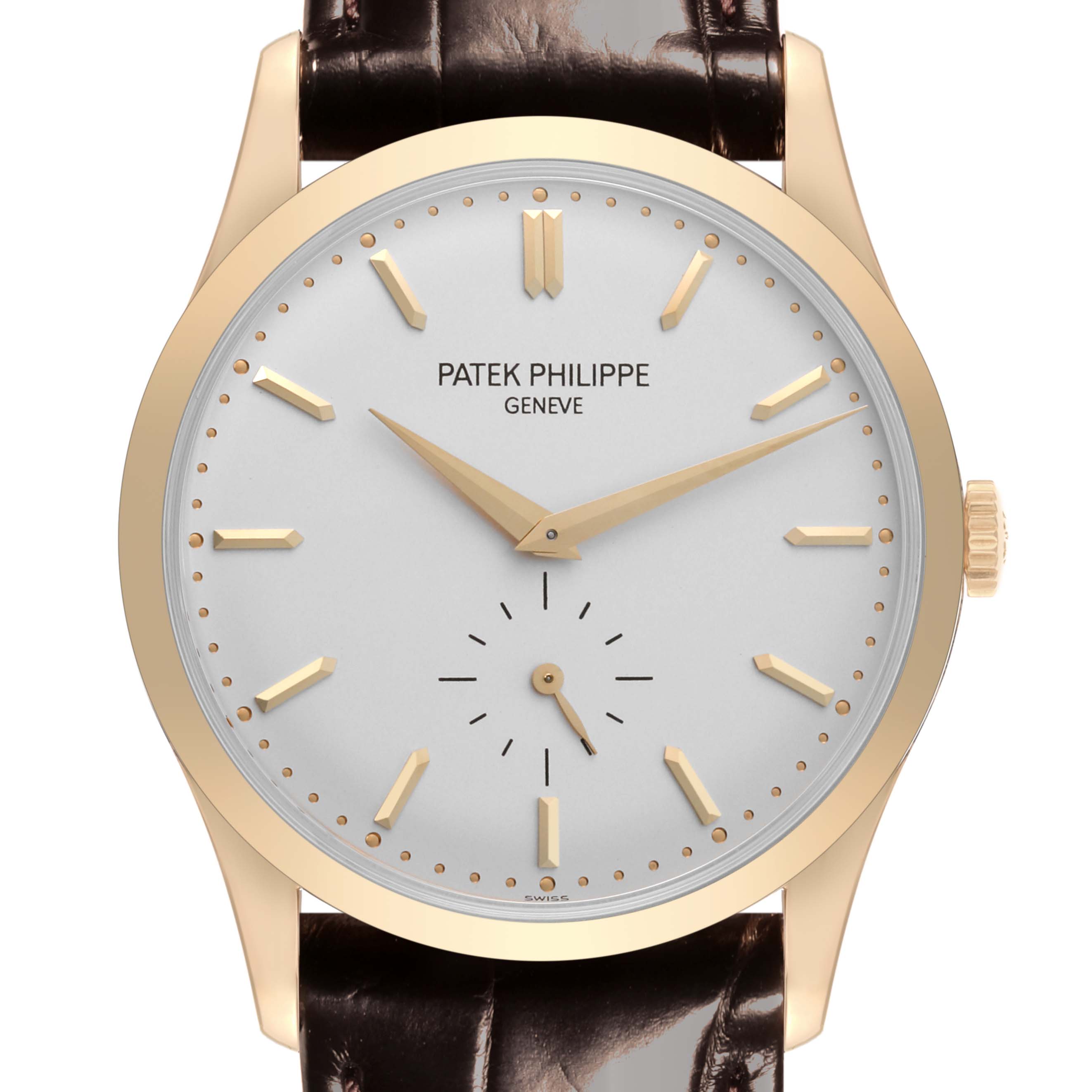 The image shows a frontal view of a Patek Philippe Calatrava 5196J Men's Yellow Gold Silver Dial 5196J Men's Yellow Gold Silver Dial watch with its dial, hands, and crown clearly visible.