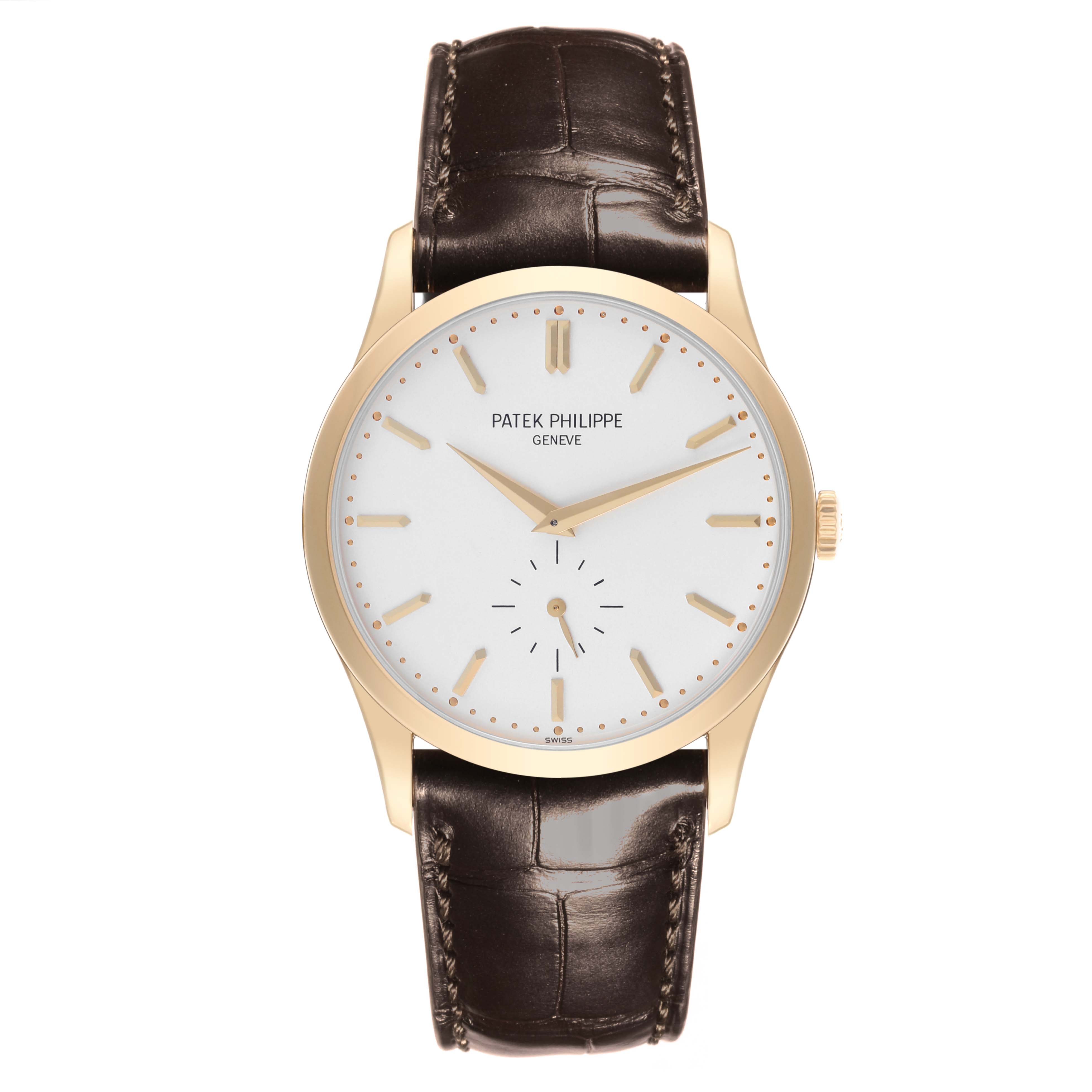 The Patek Philippe Calatrava 5196J-001 Men's Yellow Gold Silver Dial 5196J-001 Men's Yellow Gold Silver Dial watch is shown from the front, highlighting its dial, leather strap, and gold casing.
