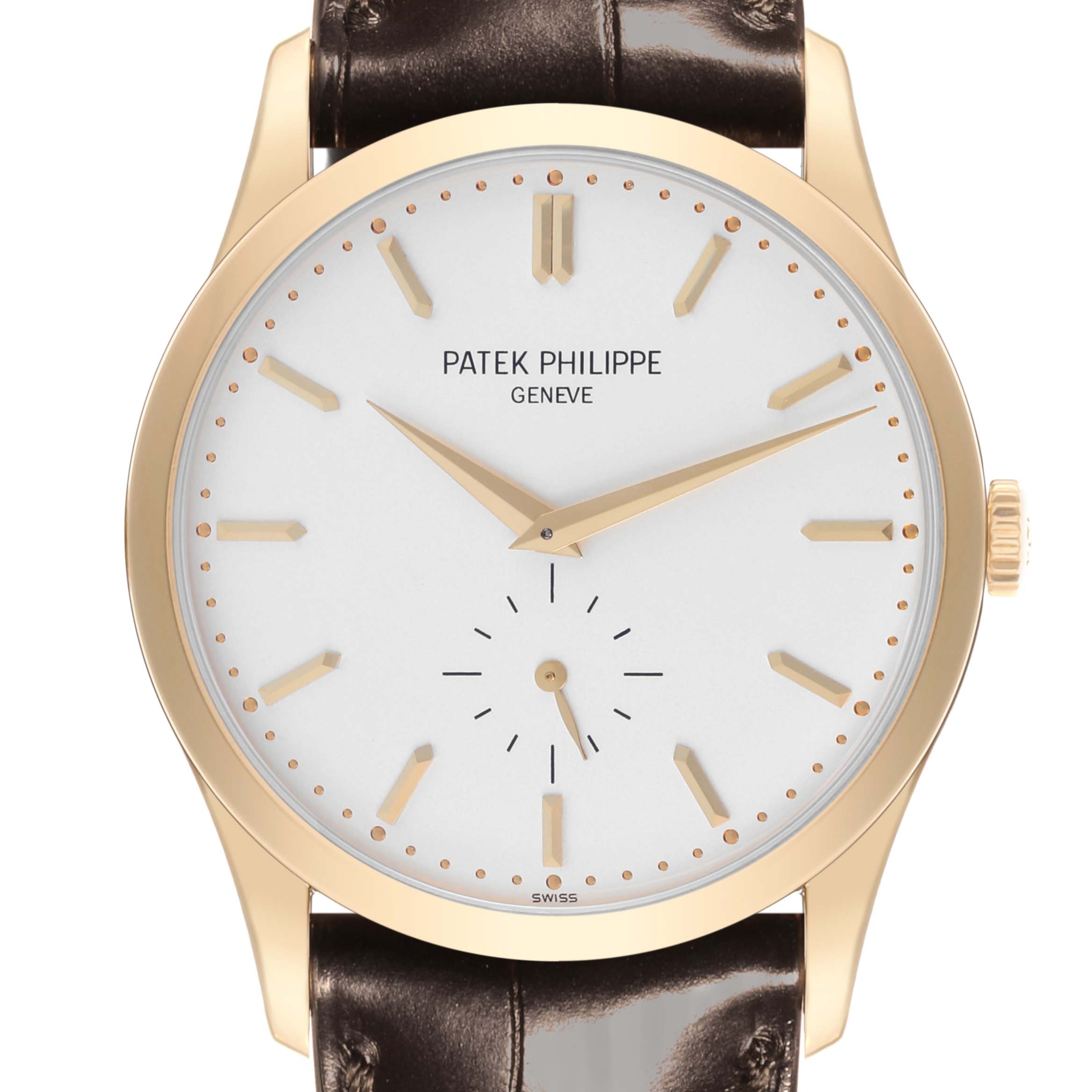 The Patek Philippe Calatrava 5196J-001 Men's Yellow Gold Silver Dial 5196J-001 Men's Yellow Gold Silver Dial watch is shown from the front, displaying the dial, hands, and part of the leather strap.