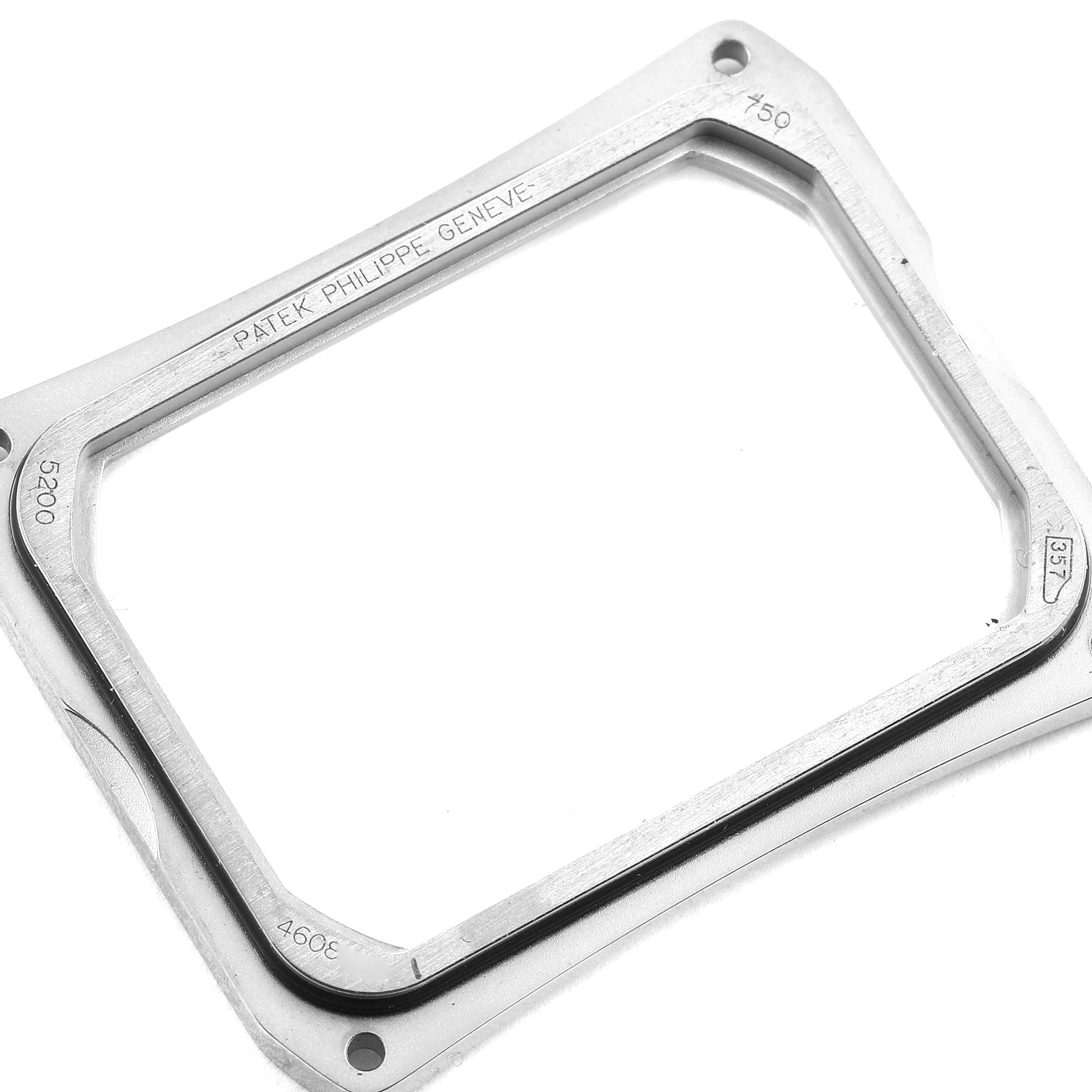 This image shows a front view of the rectangular case for the Patek Philippe Gondolo 5200G-010 Men
s White Gold Blue Dial 5200G-010 Men
s White Gold Blue Dial watch.