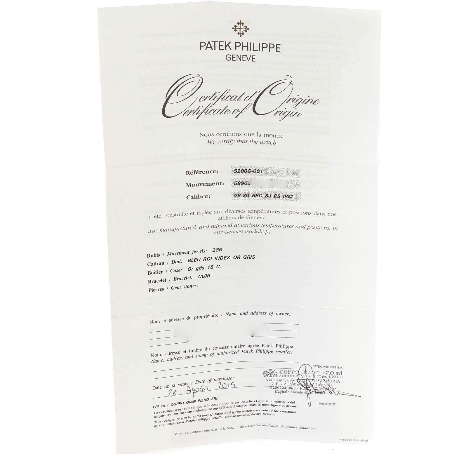 The image shows the Certificate of Origin for a Patek Philippe Gondolo 5200G-010 Men
s White Gold Blue Dial 5200G-010 Men
s White Gold Blue Dial watch, detailing specifications and Best Quality
ation.