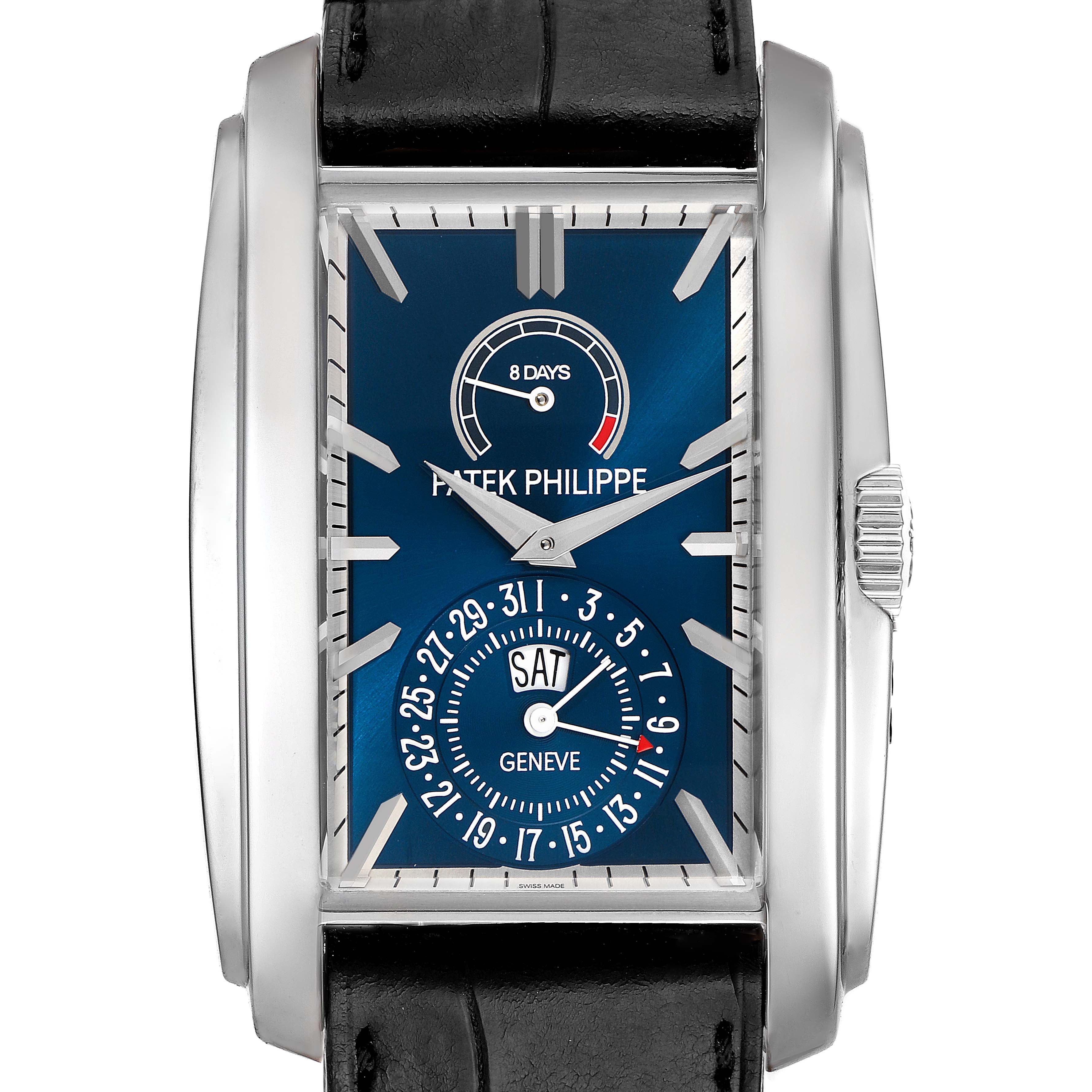 This image shows a frontal view of the Patek Philippe Gondolo 5200G-010 Men
s White Gold Blue Dial 5200G-010 Men
s White Gold Blue Dial watch, highlighting its blue dial, power reserve indicator, and sub-dial.