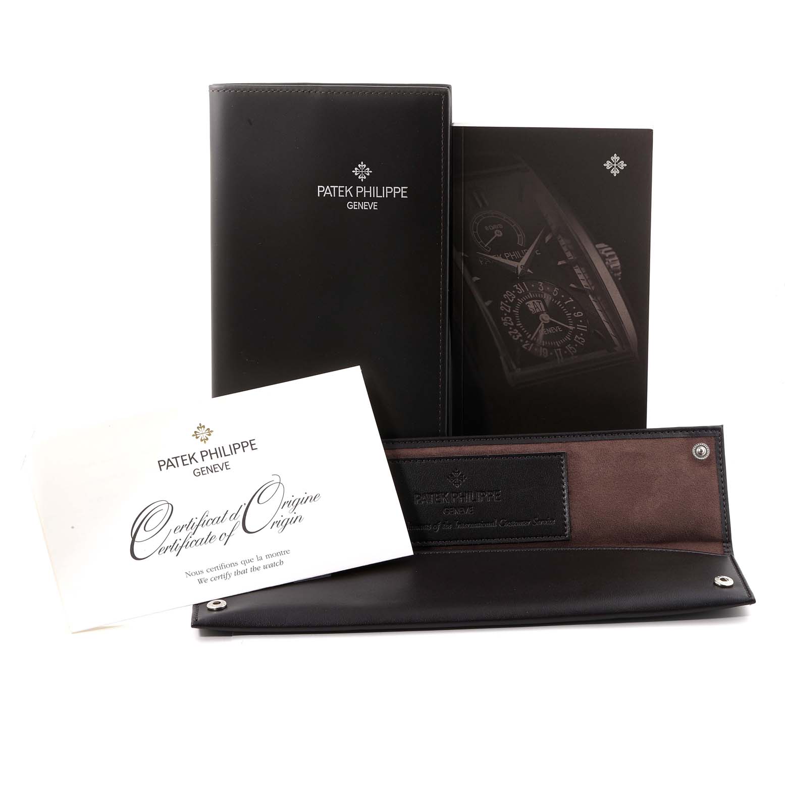 The image shows the packaging, a certificate, and a case for the Patek Philippe Gondolo 5200G-010 Men
s White Gold Blue Dial 5200G-010 Men
s White Gold Blue Dial model watch.