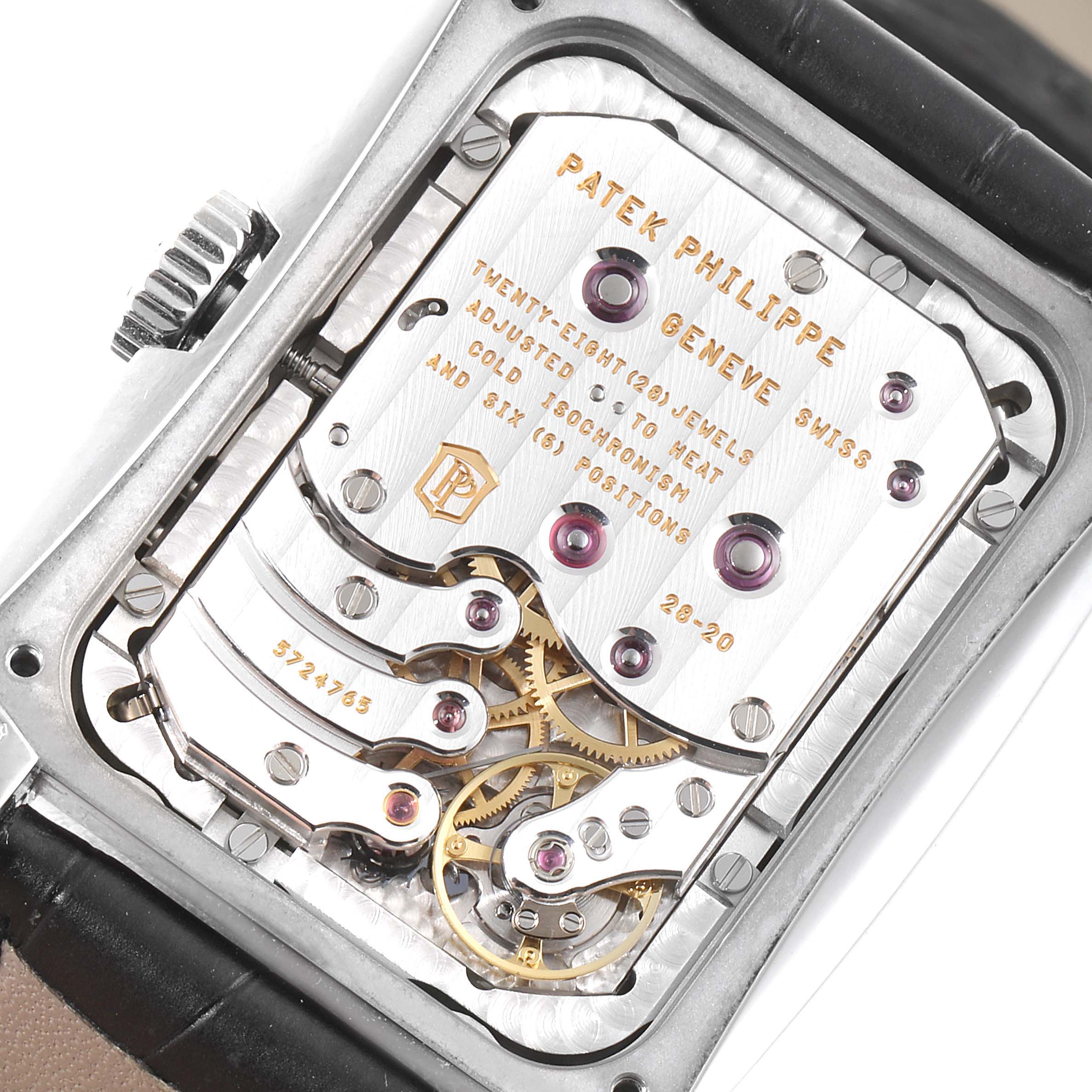 This image shows the back view of the Patek Philippe Gondolo 5200G-010 Men's White Gold Silver Dial 5200G-010 Men's White Gold Silver Dial model, highlighting the intricate movement and internal mechanisms.