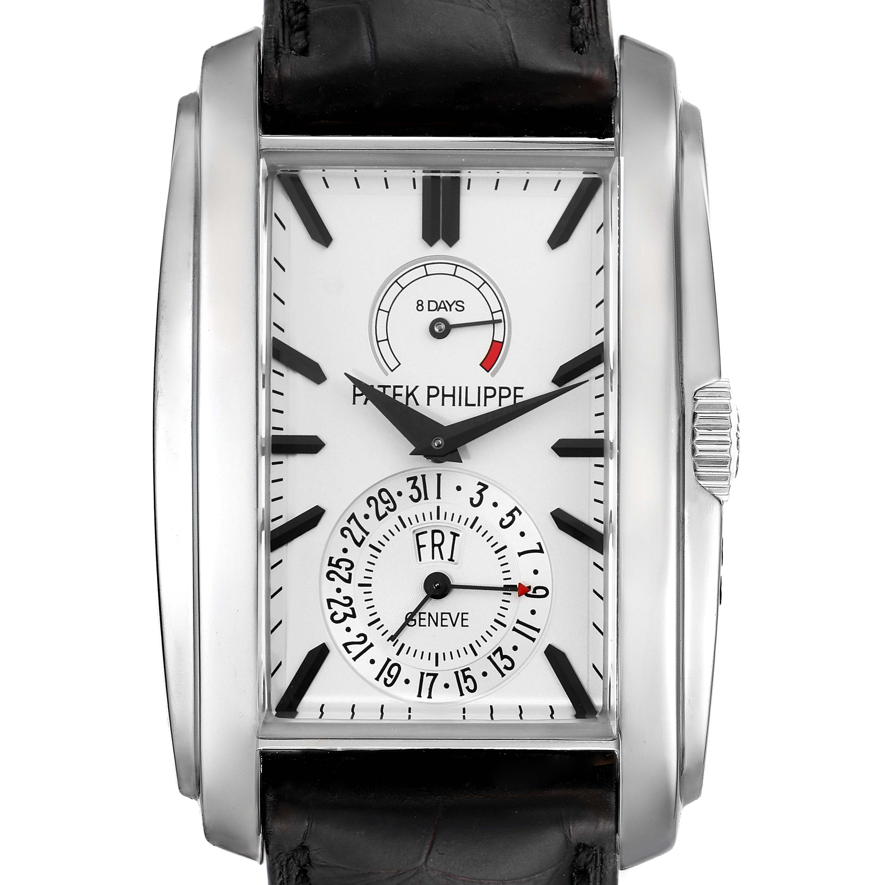 The image shows a frontal view of the Patek Philippe Gondolo 5200G-010 Men's White Gold Silver Dial 5200G-010 Men's White Gold Silver Dial watch displaying the dial, hour markers, hands, and strap.
